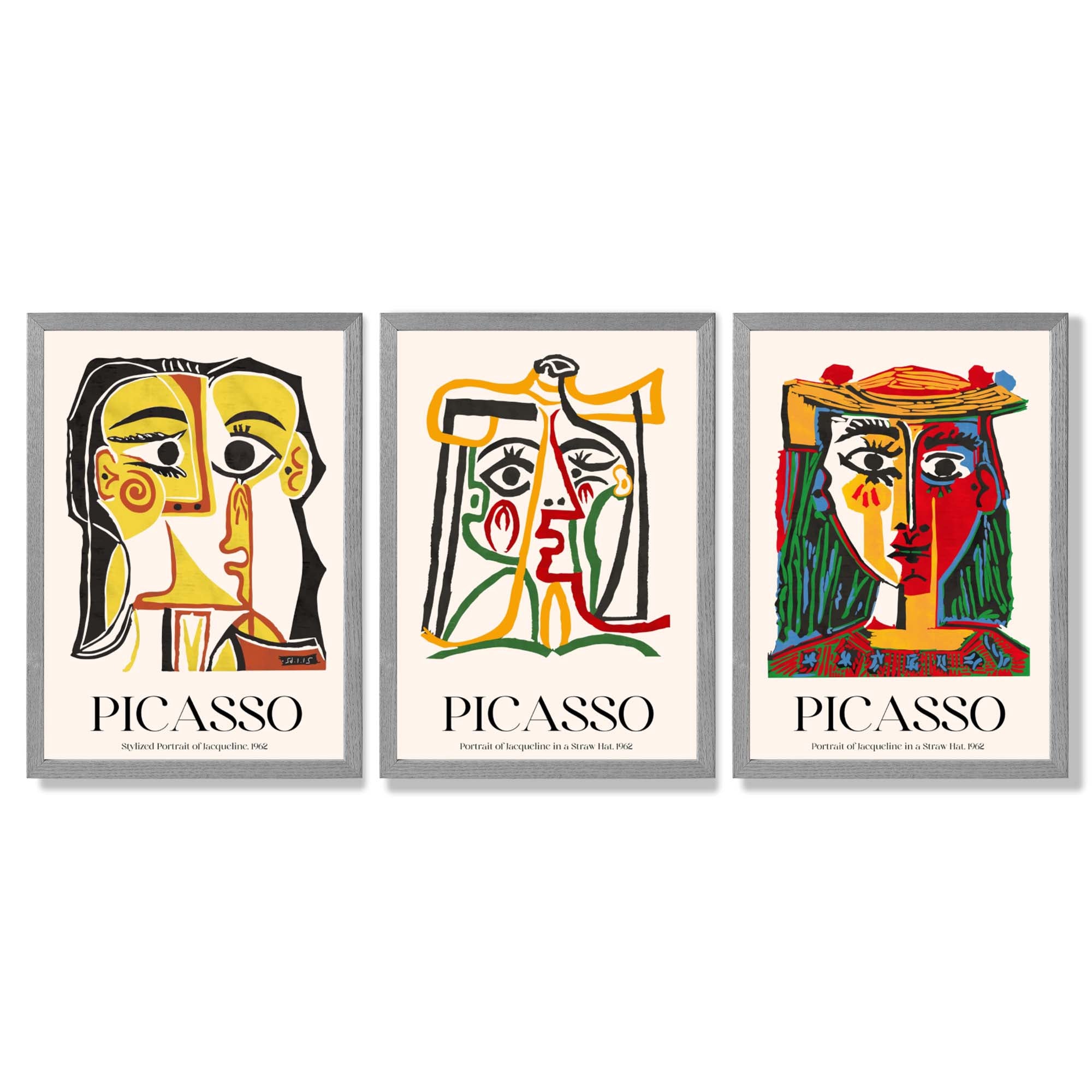 Picasso Abstract Faces Set of 3 Framed Art Prints with Light Grey Wooden Frames