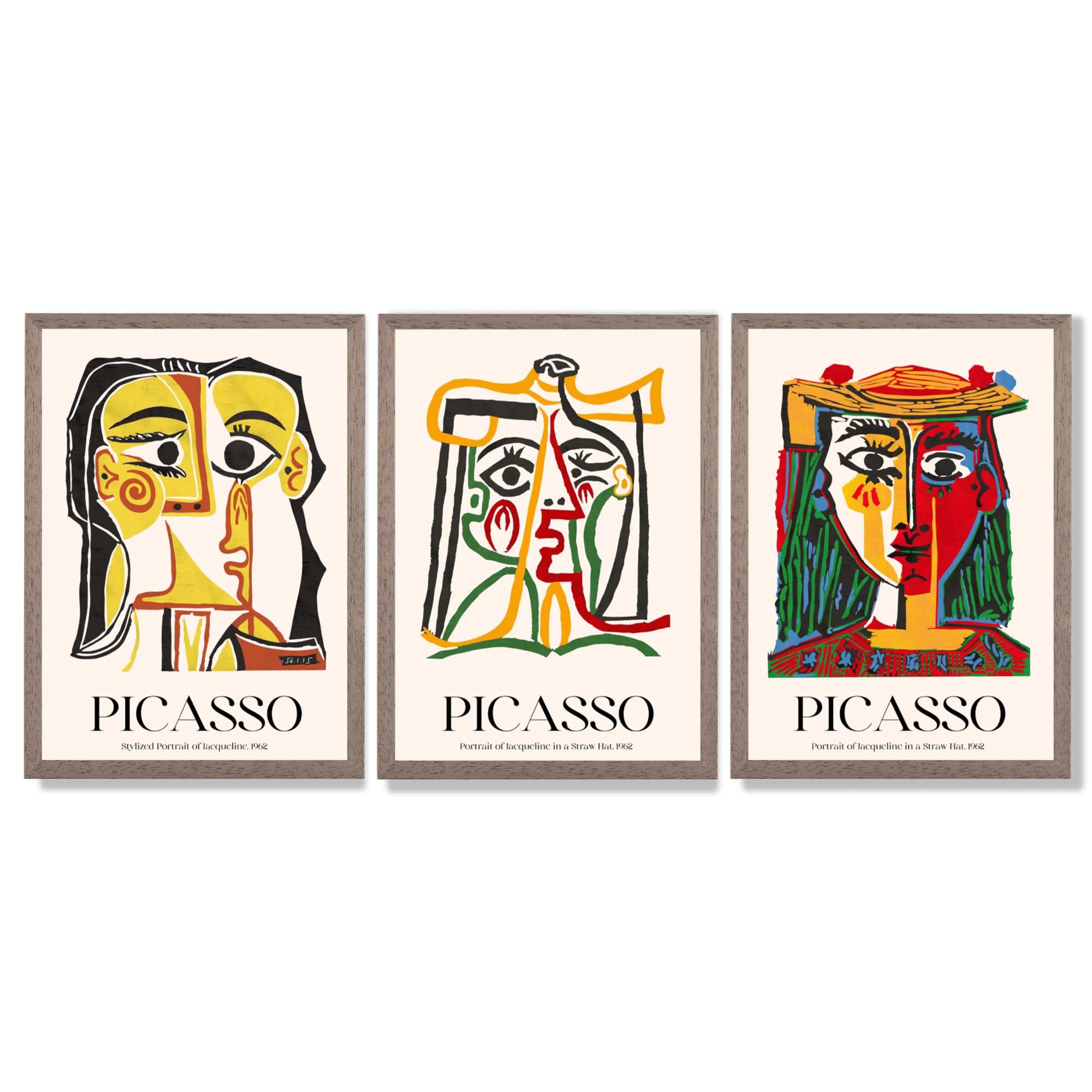 Picasso Abstract Faces Set of 3 Framed Art Prints with Light Walnut Frames