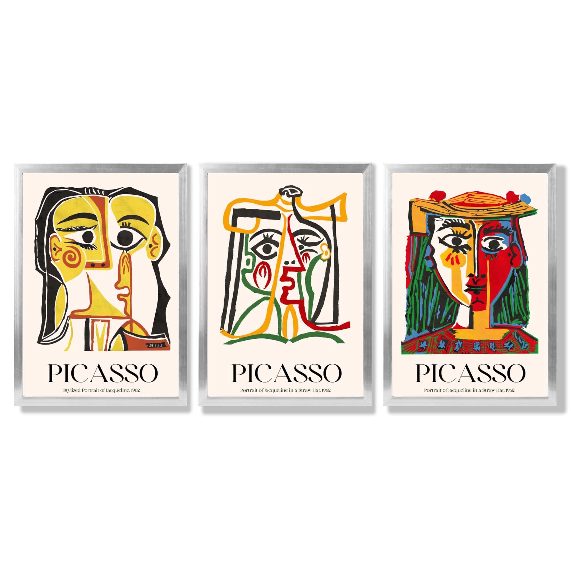 Picasso Abstract Faces Set of 3 Framed Art Prints with Silver Wood Frames