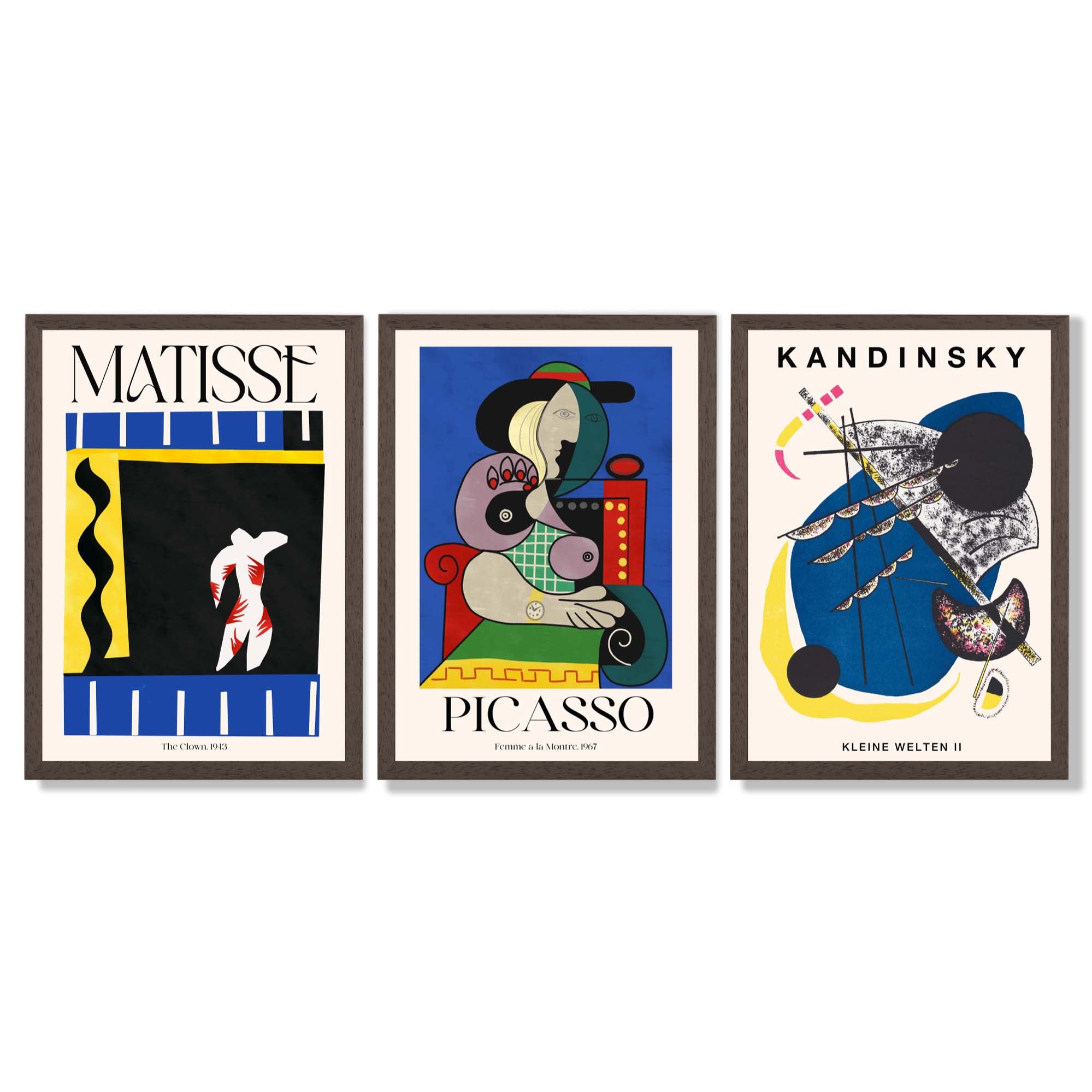 Matisse Picasso Kandinsky Modern Masters Set of 3 Framed Art Prints with Dark Wood Frames