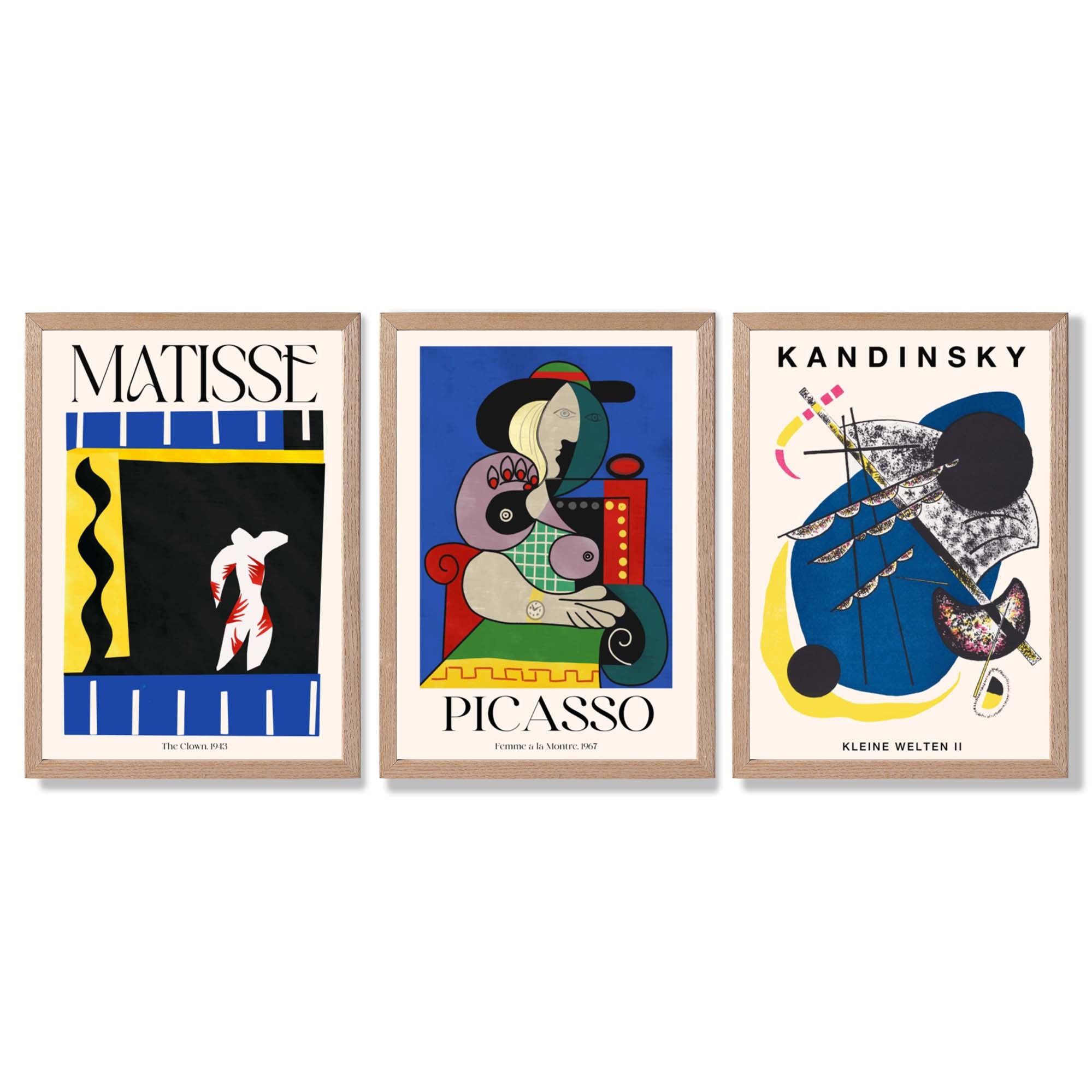 Matisse Picasso Kandinsky Modern Masters Set of 3 Framed Art Prints with Light Oak Frames