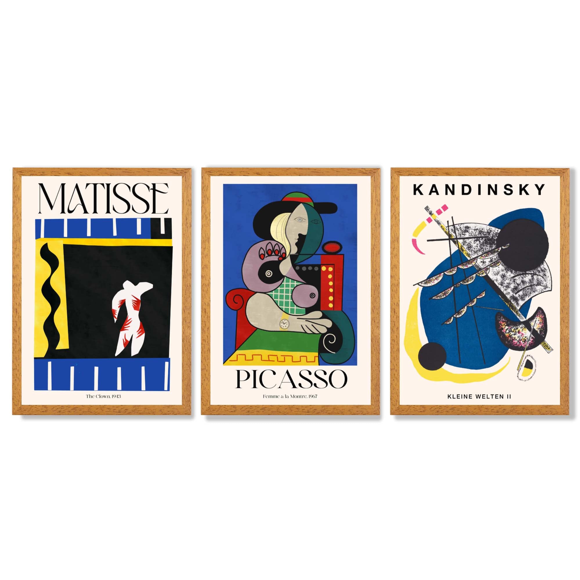 Matisse Picasso Kandinsky Modern Masters Set of 3 Framed Art Prints with Oak Wooden Frames