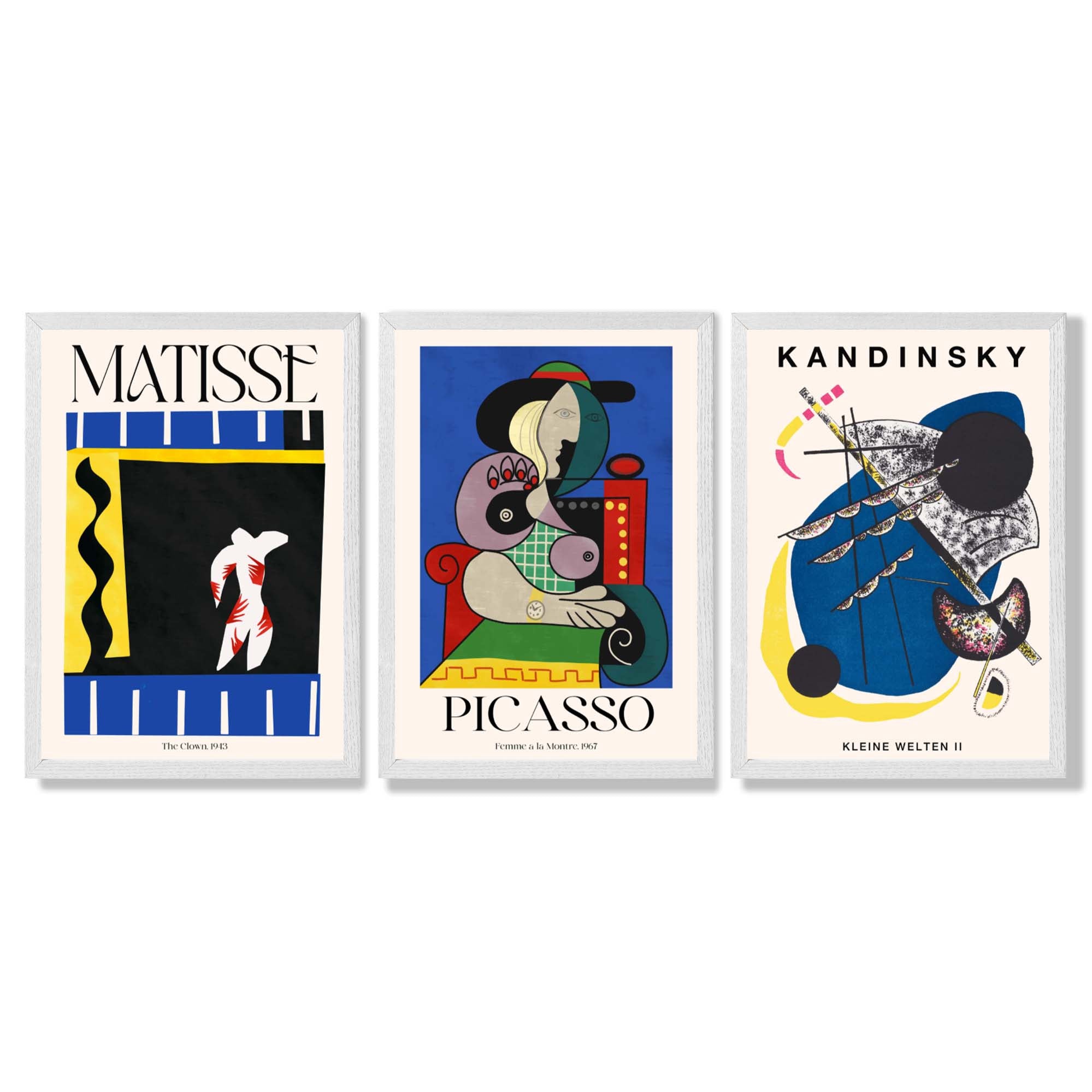 Matisse Picasso Kandinsky Modern Masters Set of 3 Framed Art Prints with White Wooden Frames