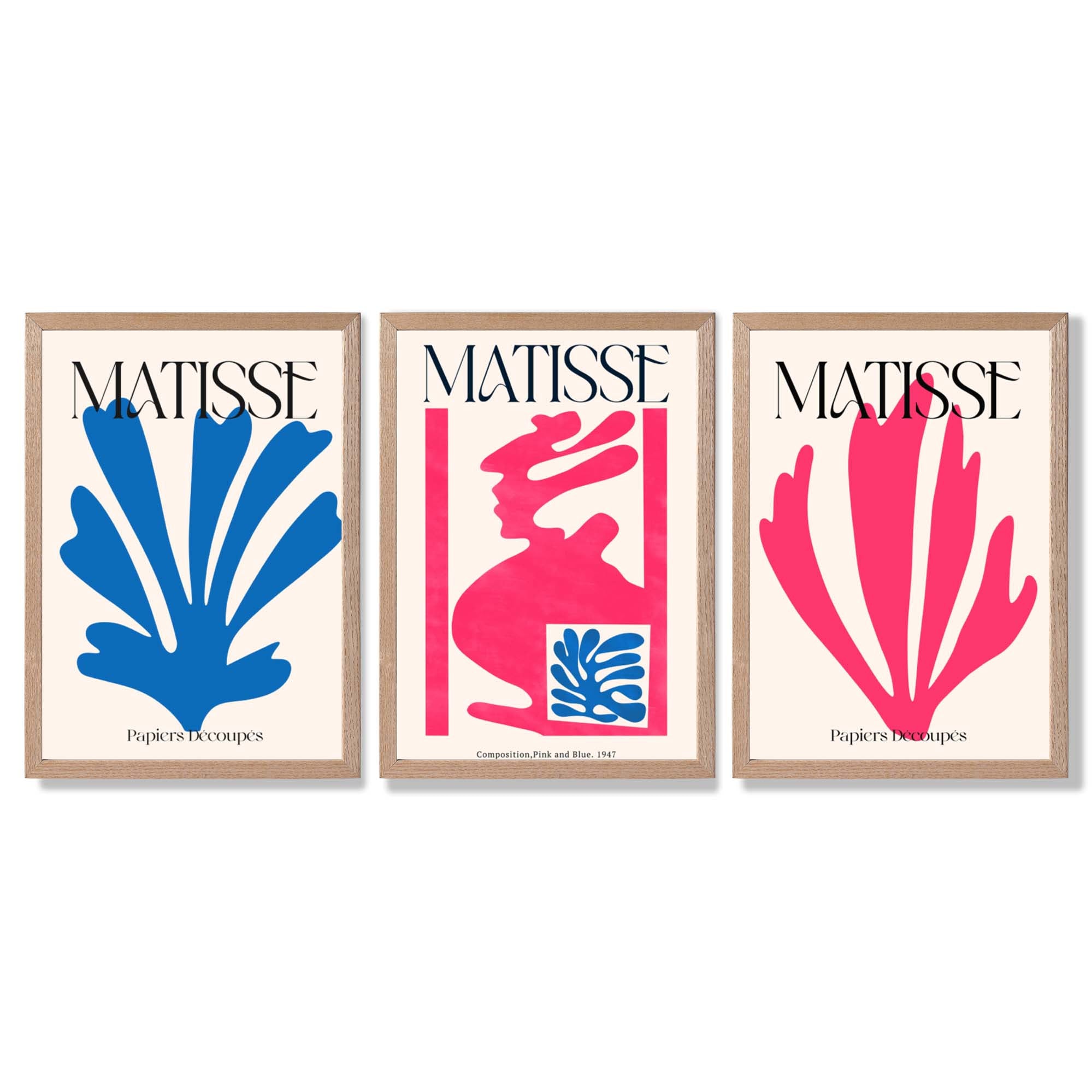Matisse Floral Cut Outs in Pink and Blue Framed Art Prints with Light Oak Frames