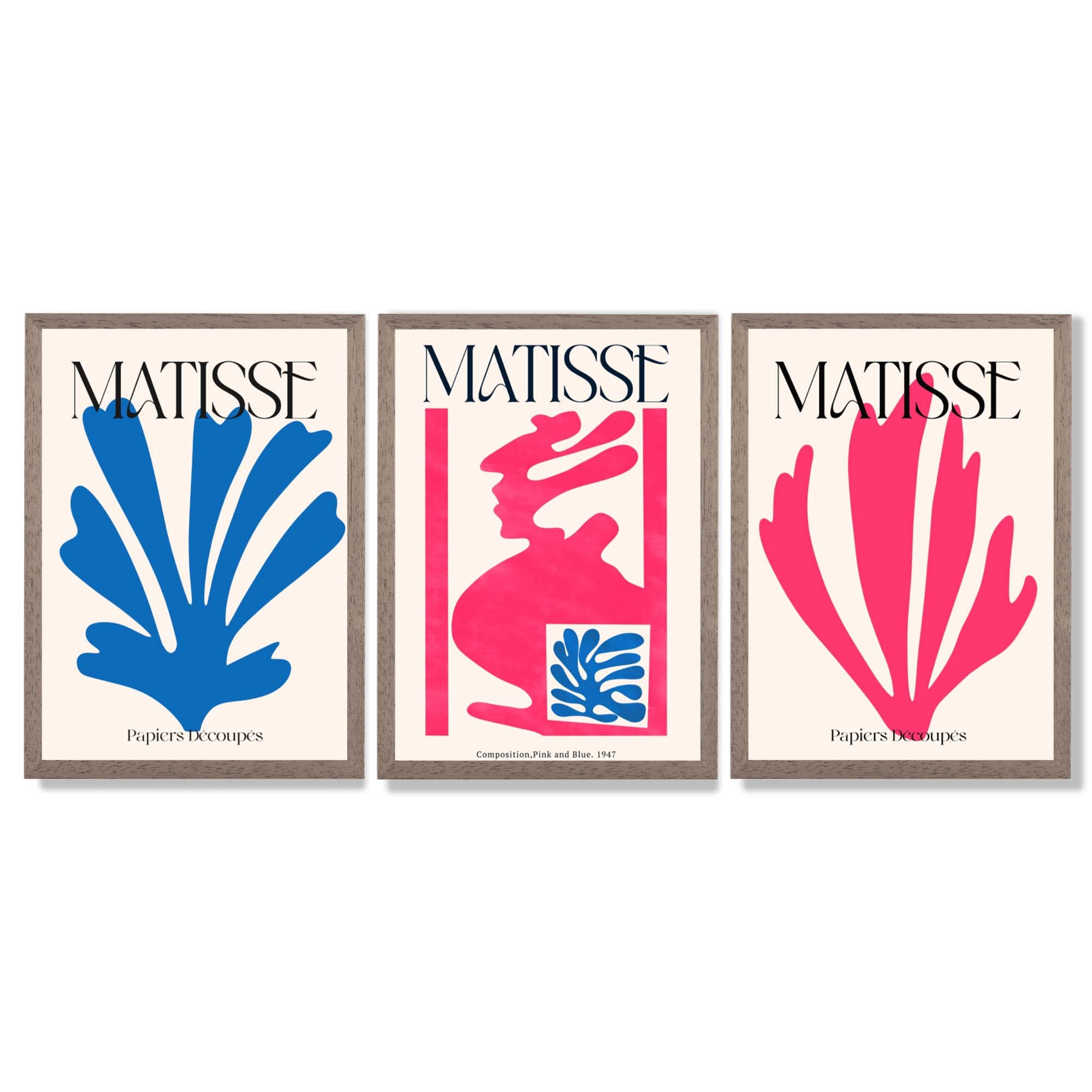 Matisse Floral Cut Outs in Pink and Blue Framed Art Prints with Light Walnut Frames