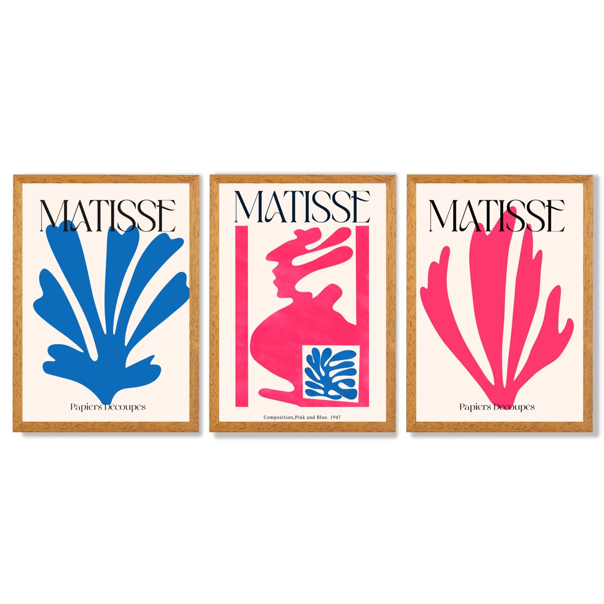 Matisse Floral Cut Outs in Pink and Blue Framed Art Prints with Oak Wooden Frames