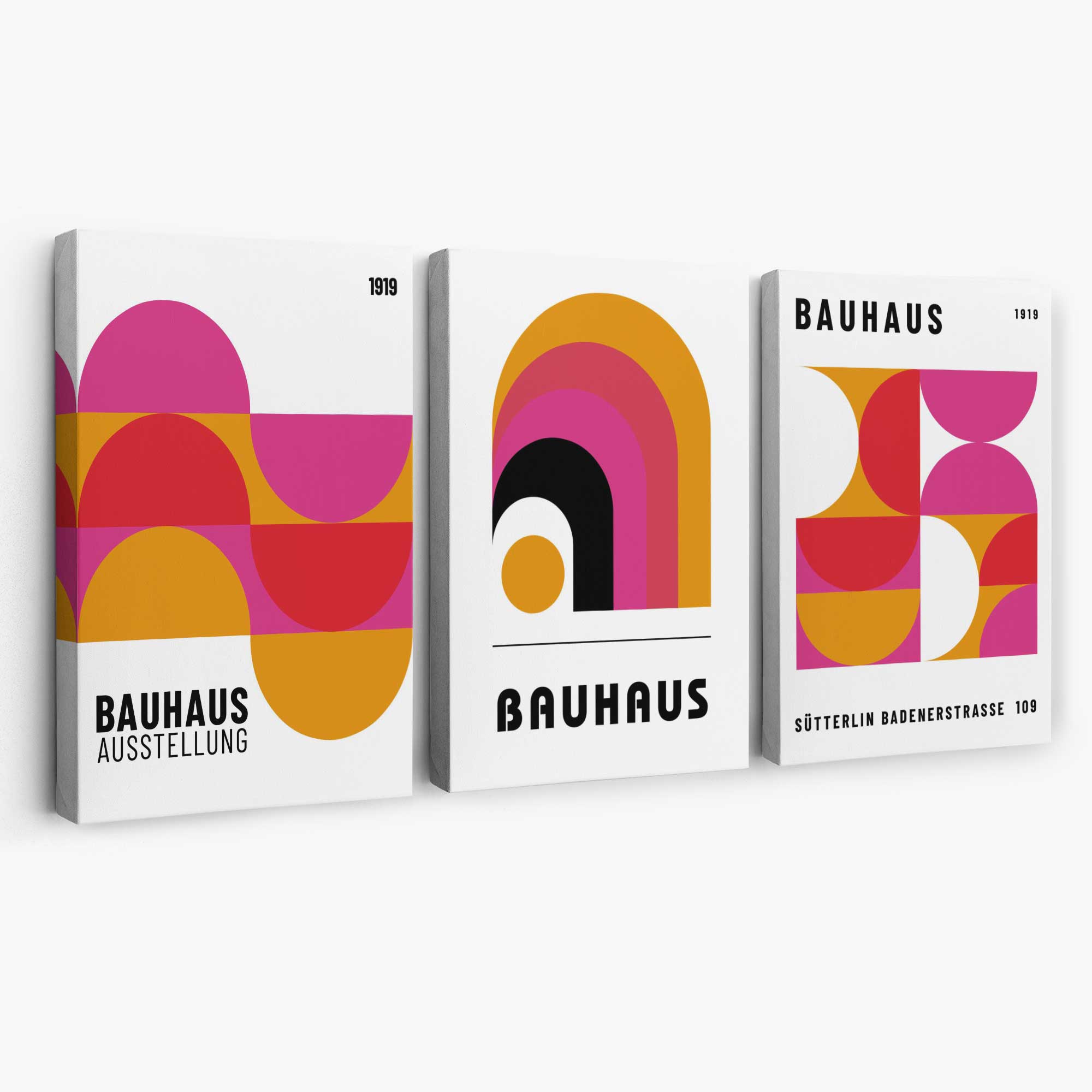 Bauhaus Modern Pink and Yellow Set of 3 Canvas Art Prints | Artze Wall Art