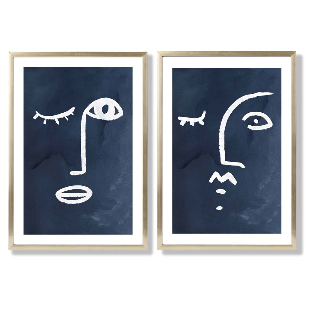 Picasso Faces Sketch Navy Blue Set of 2 Art Prints with Gold Frame