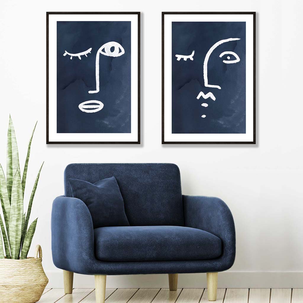 Picasso Faces Sketch Navy Blue Art Prints Set | Artze Wall Art UK