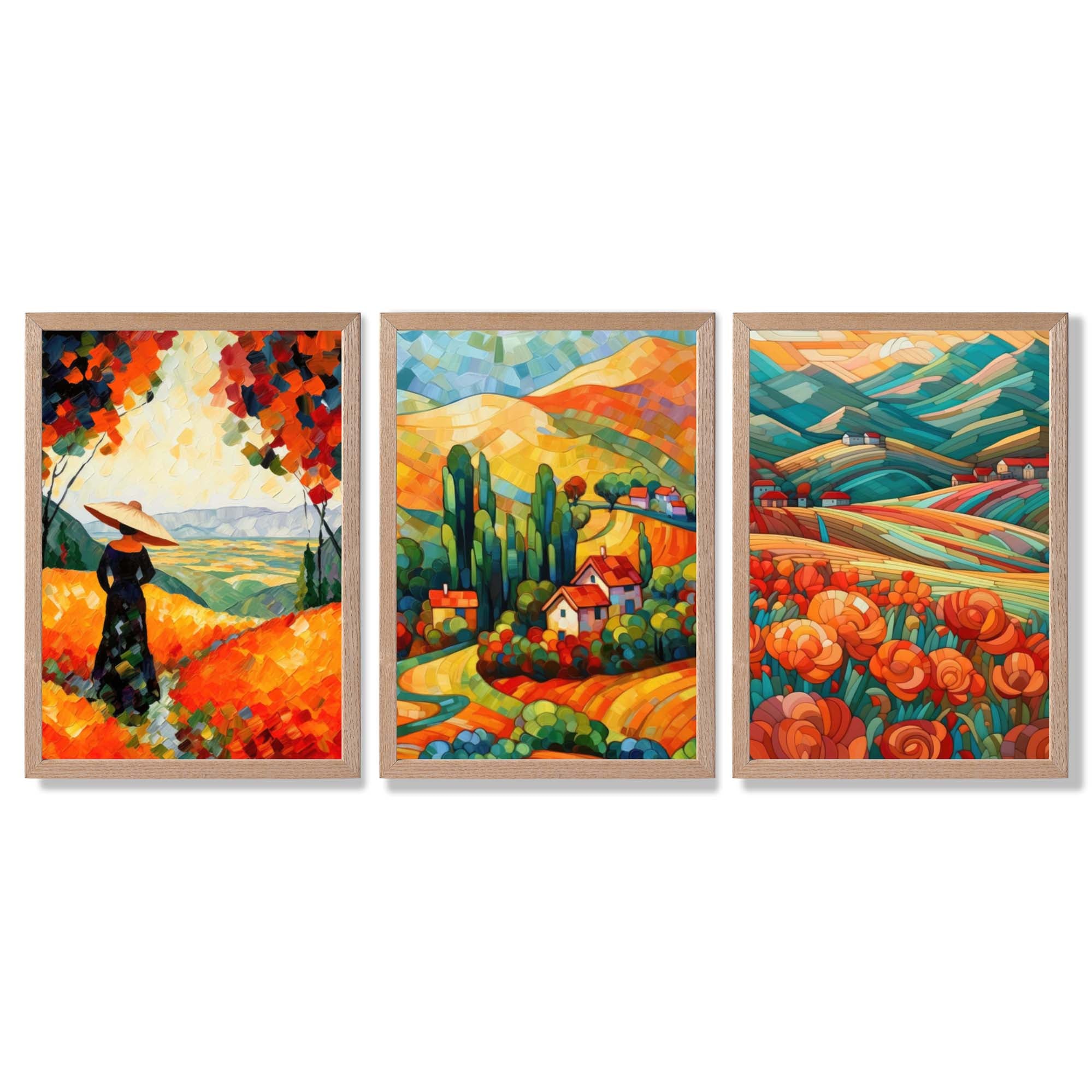 Colourful Landscapes in Mosaic Style Framed Art Prints with Light Oak Frames
