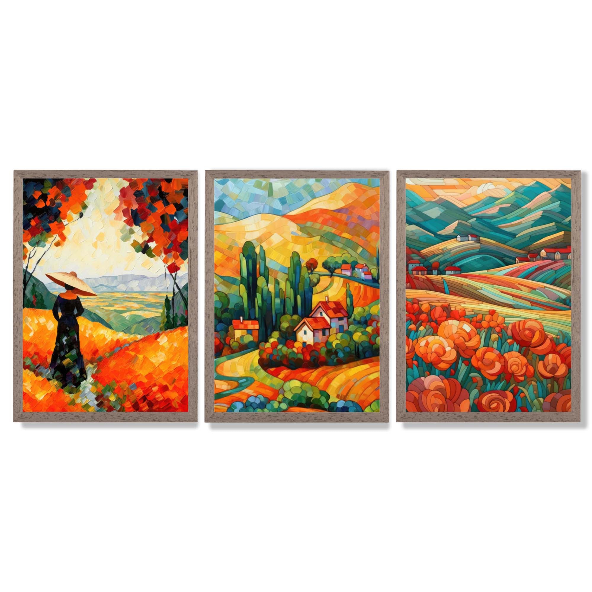 Colourful Landscapes in Mosaic Style Framed Art Prints with Light Walnut Frames