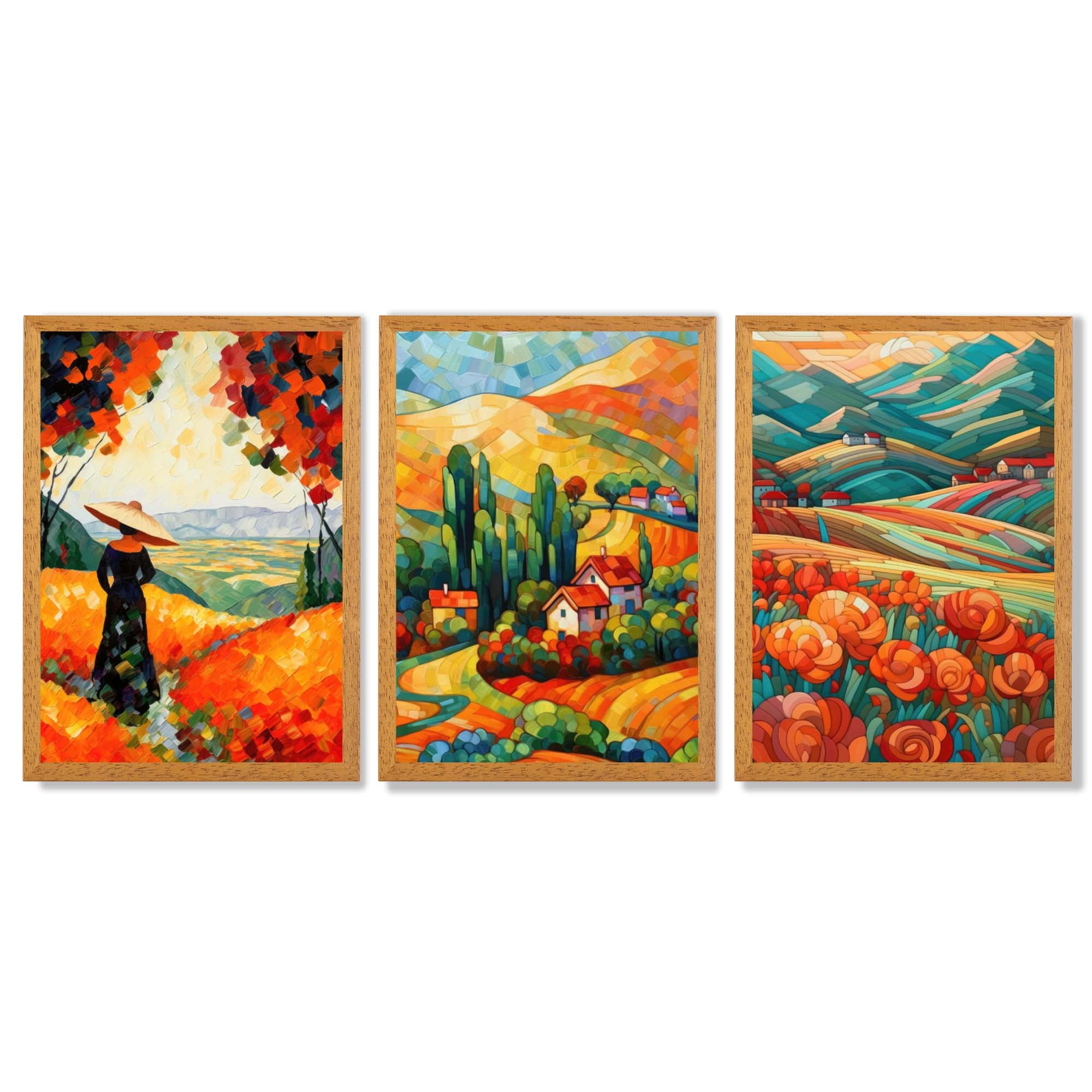 Colourful Landscapes in Mosaic Style Framed Art Prints with Oak Wooden Frames