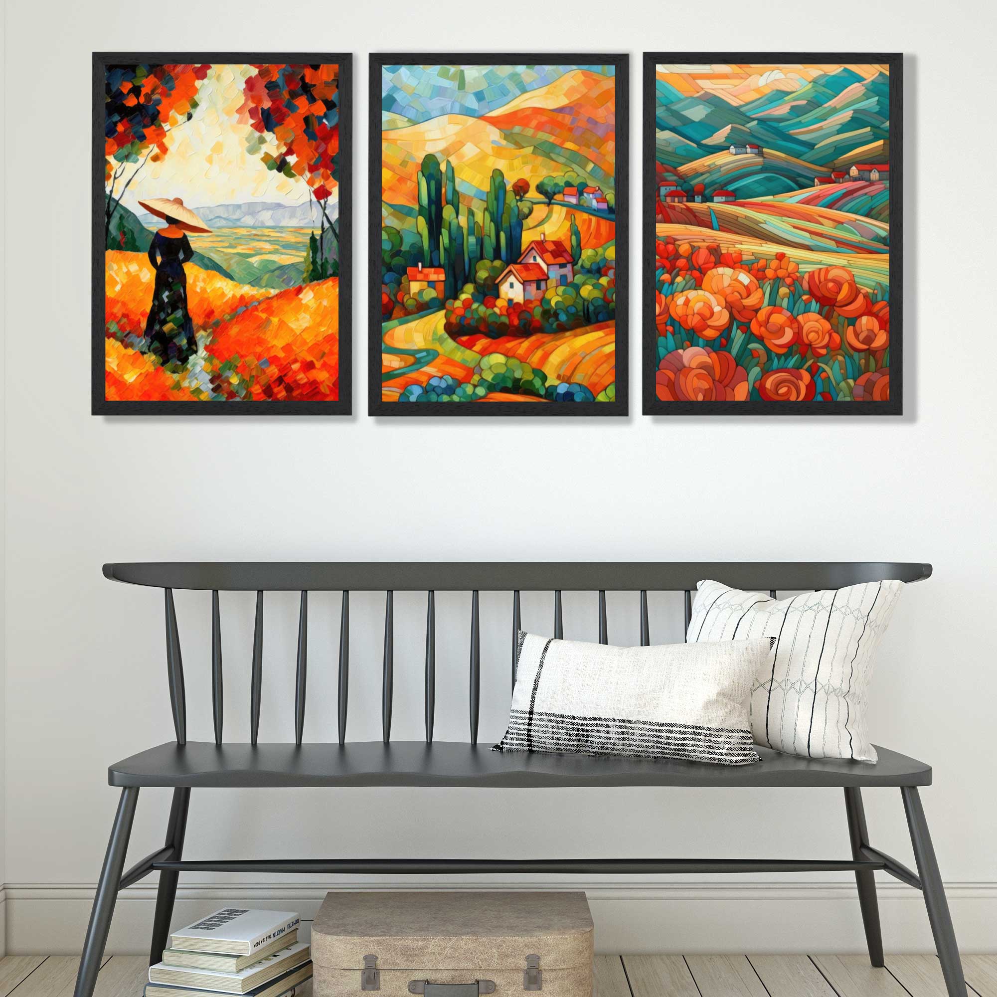 Colourful Landscapes in Mosaic Style Art Prints in Black Frames | Artze UK