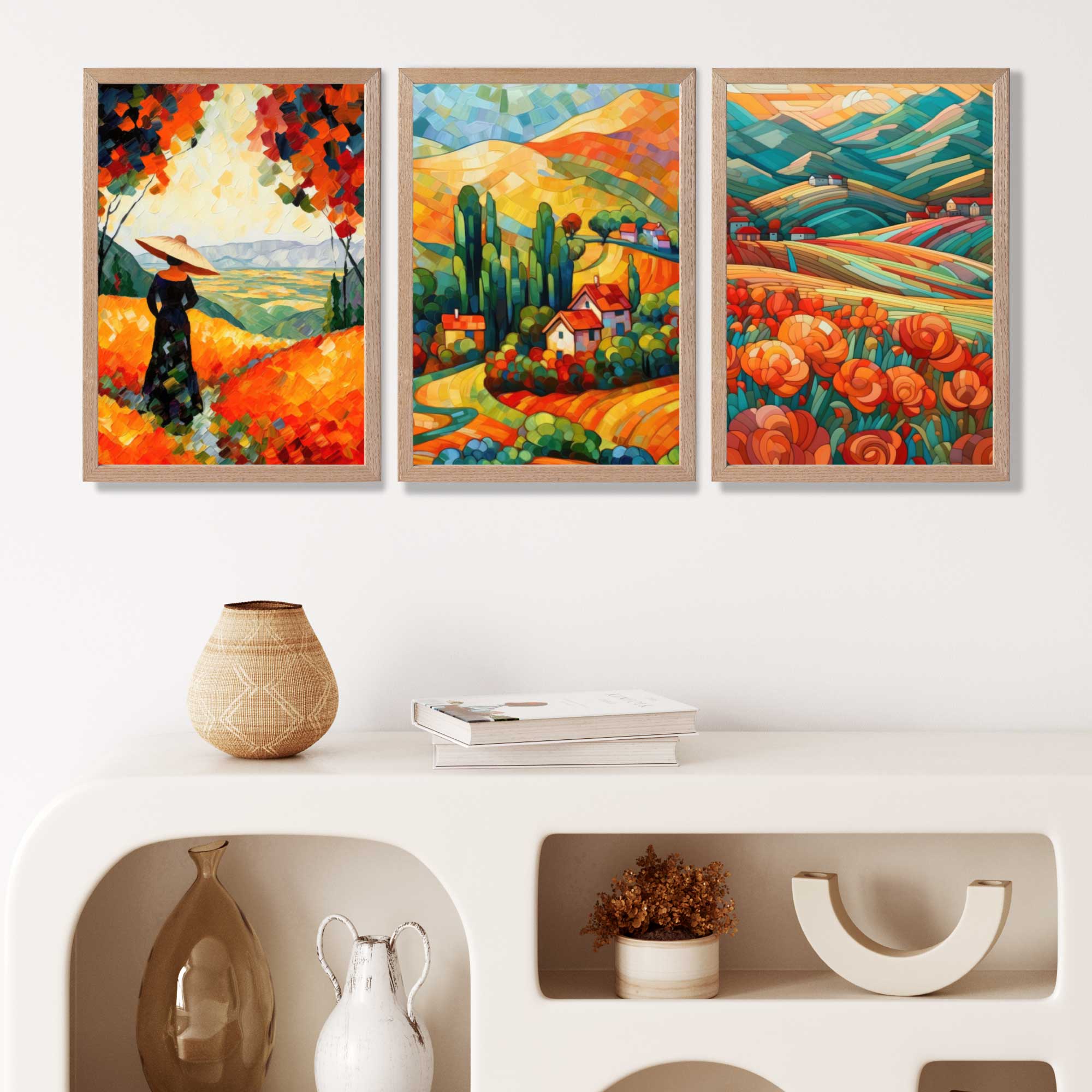 Colourful Landscapes in Mosaic Style Art Prints in Oak Frames | Artze UK