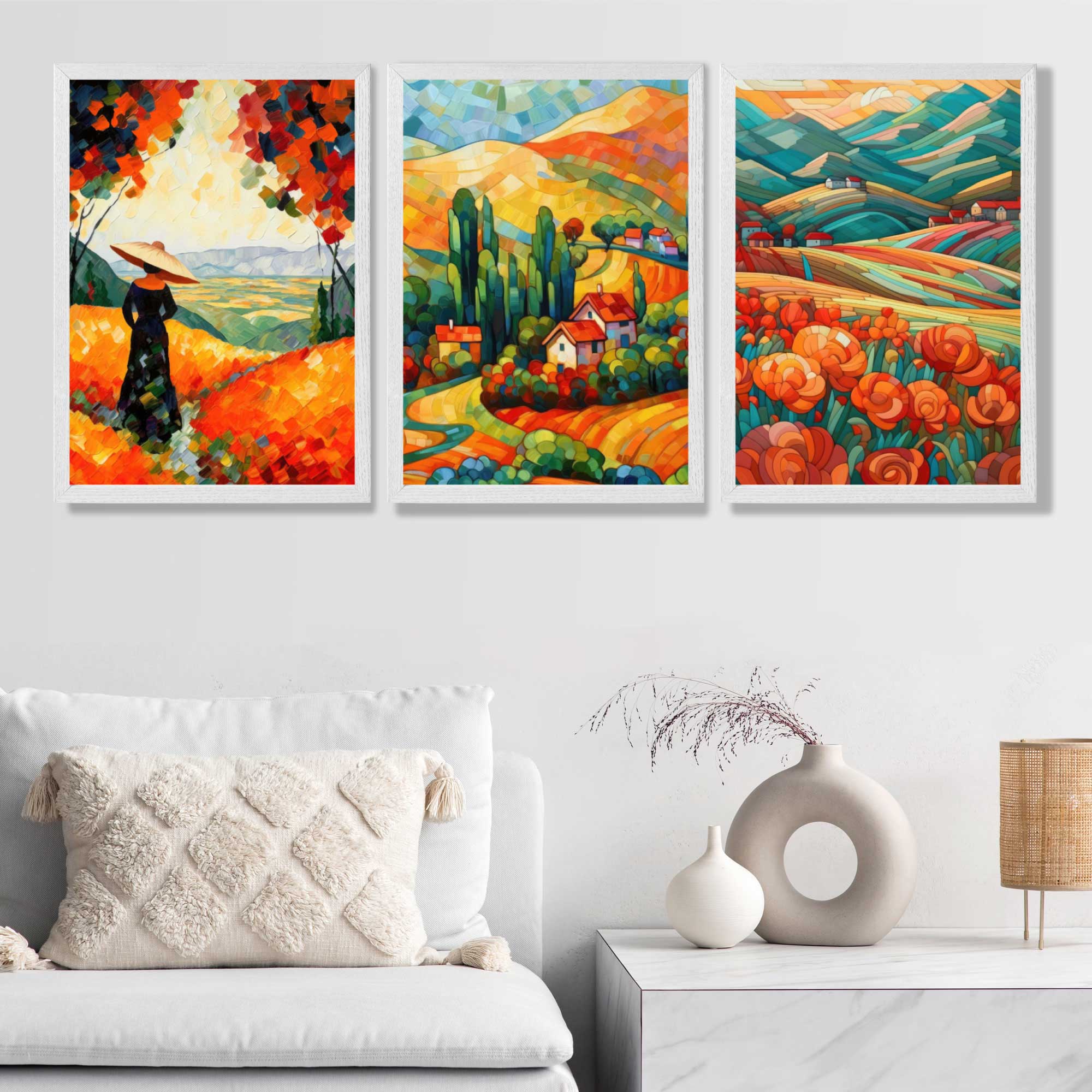 Colourful Landscapes in Mosaic Style Art Prints in White Frames | Artze UK