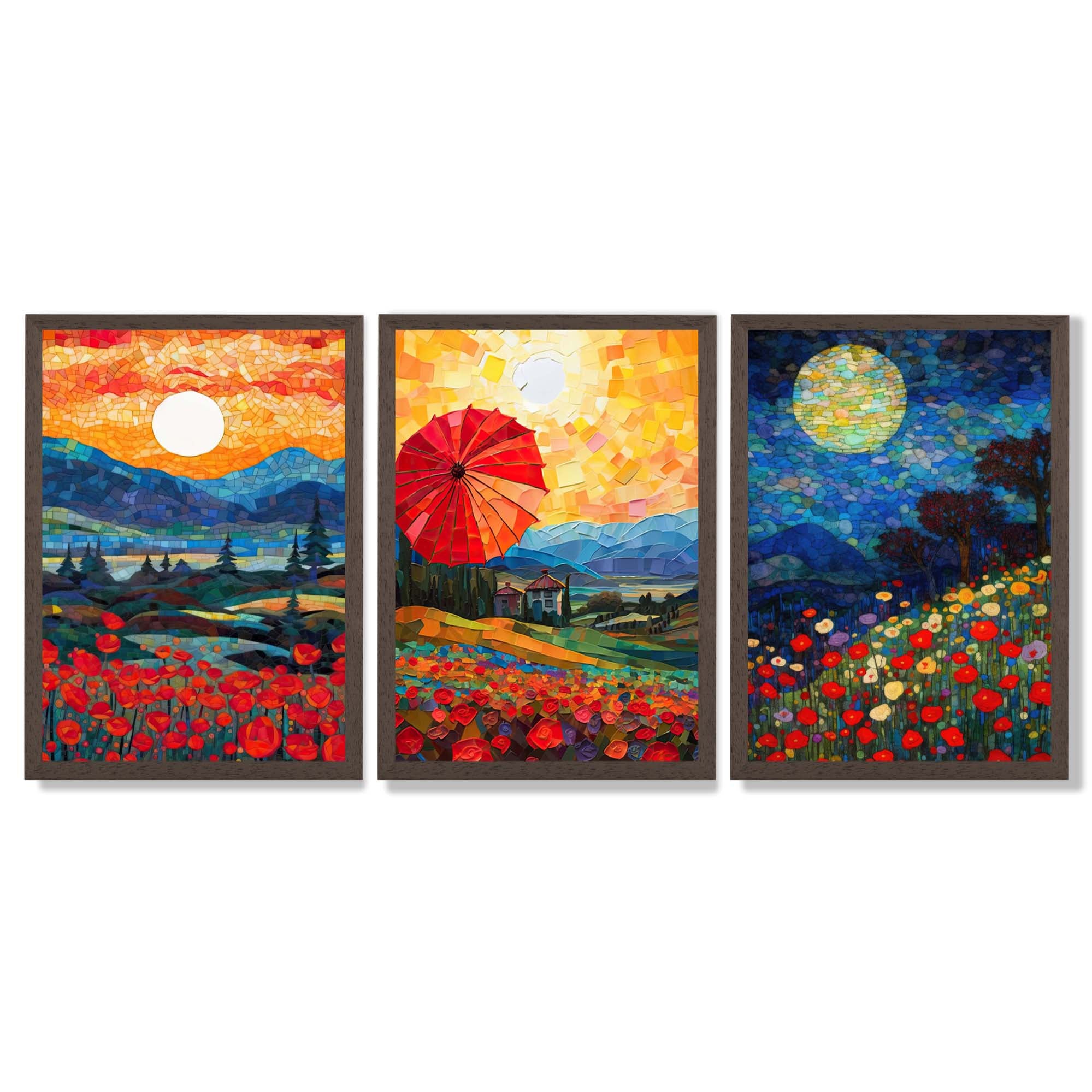 Midnight Landscapes in Mosaic Style Framed Art Prints with Dark Wood Frames