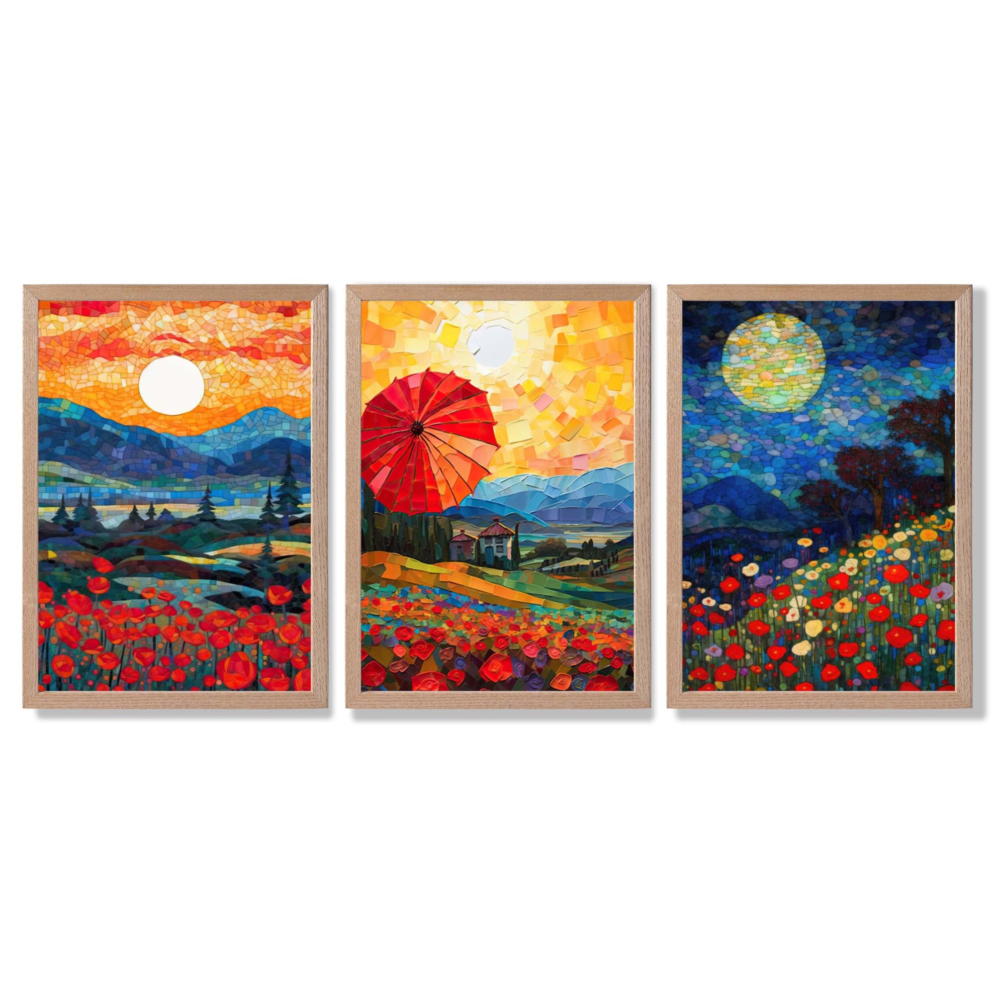 Midnight Landscapes in Mosaic Style Framed Art Prints with Light Oak Frames