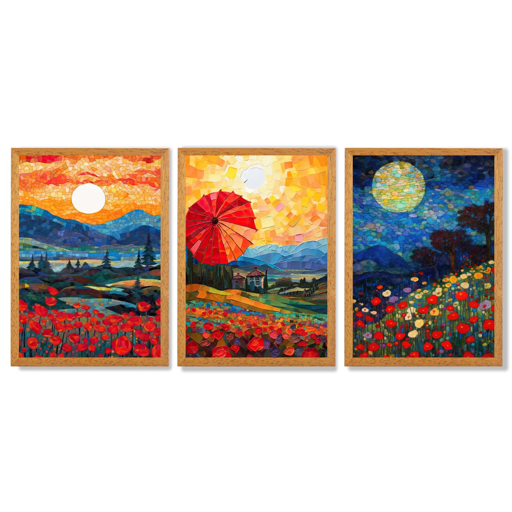 Midnight Landscapes in Mosaic Style Framed Art Prints with Oak Wooden Frames
