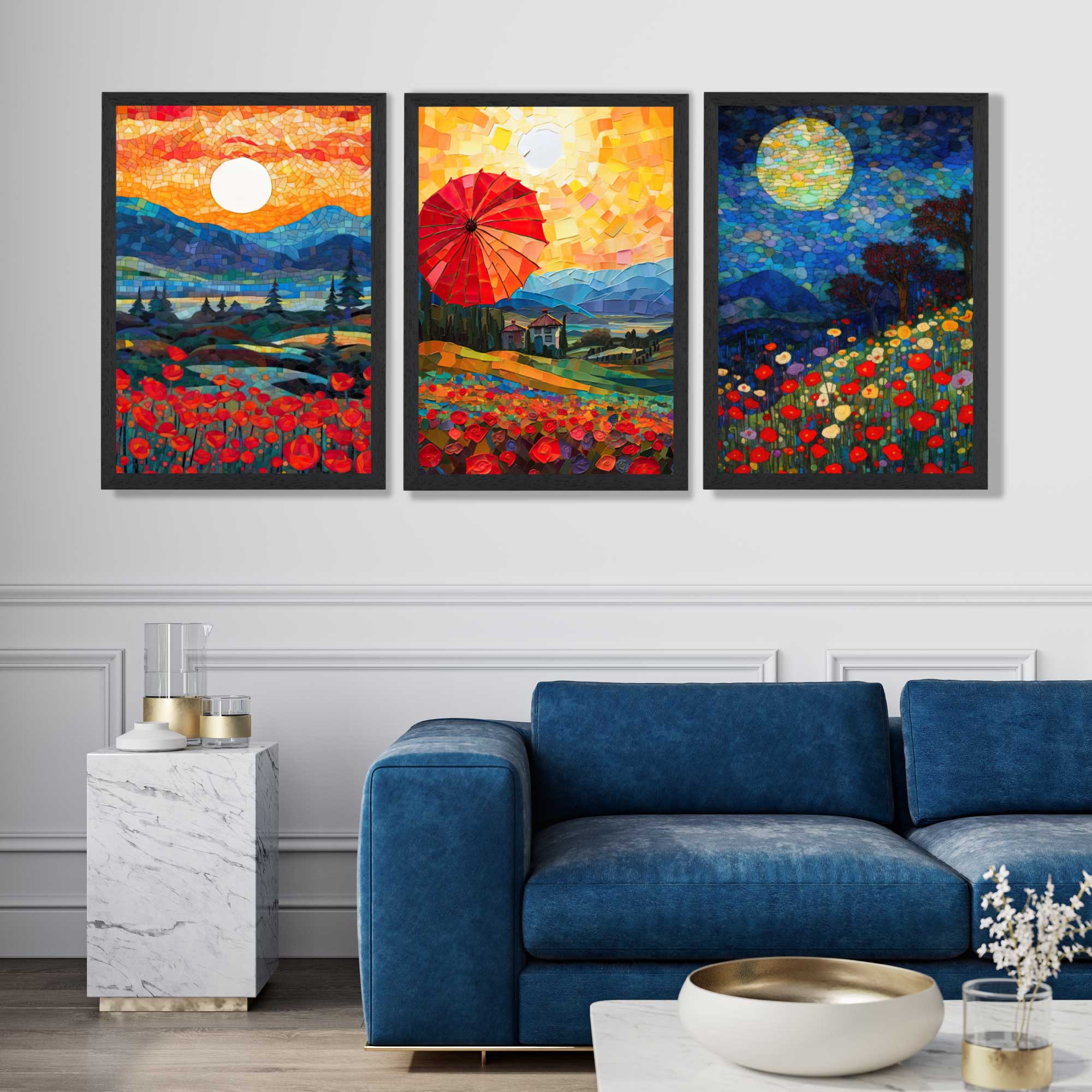 Midnight Landscapes in Mosaic Style Art Prints in Black Frames | Artze UK