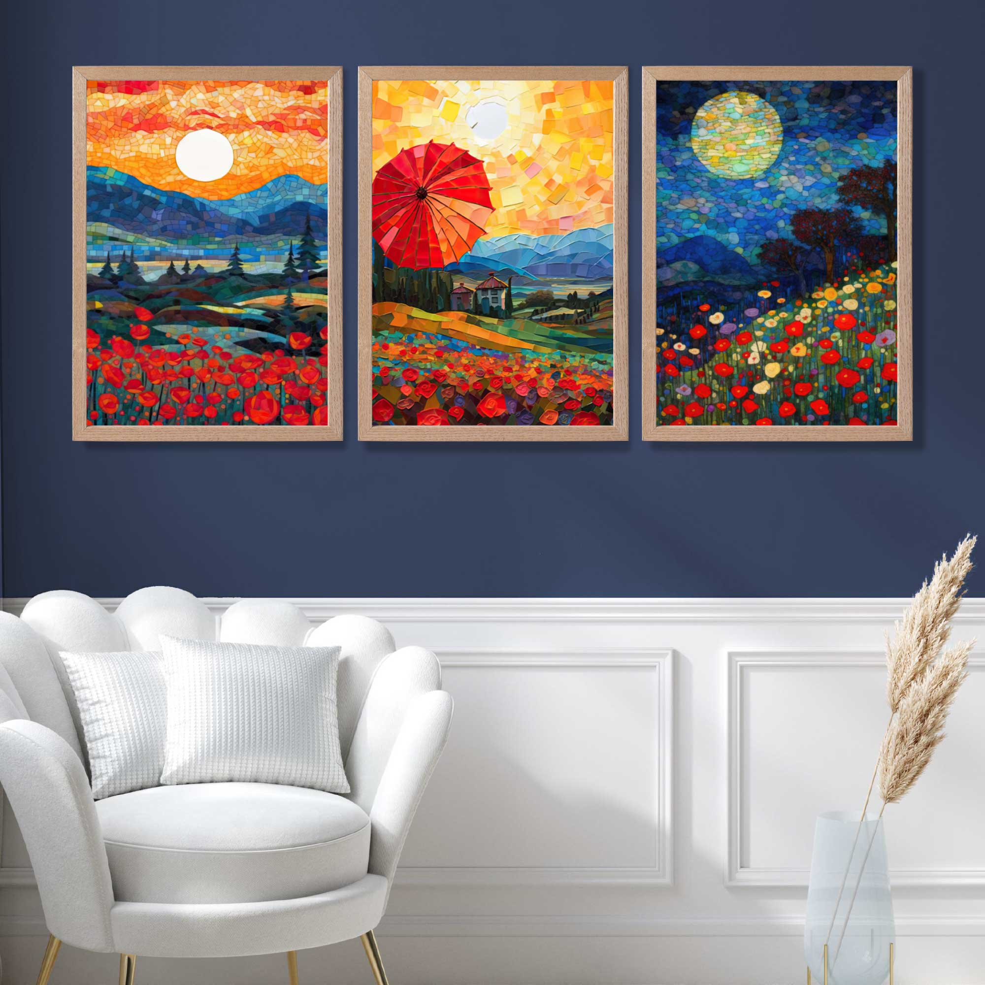 Midnight Landscapes in Mosaic Style Art Prints in Oak Frames | Artze UK