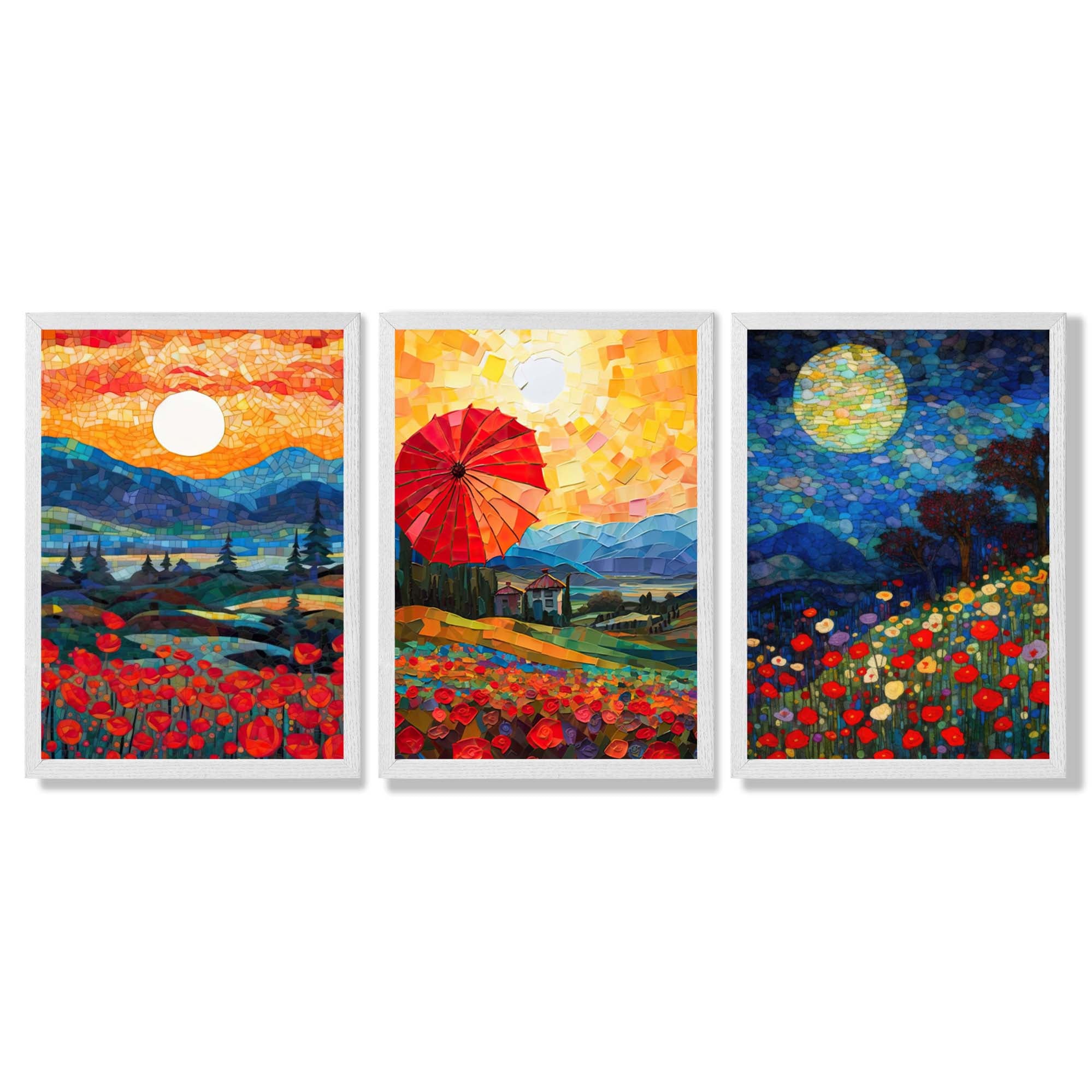 Midnight Landscapes in Mosaic Style Framed Art Prints with White Wooden Frames
