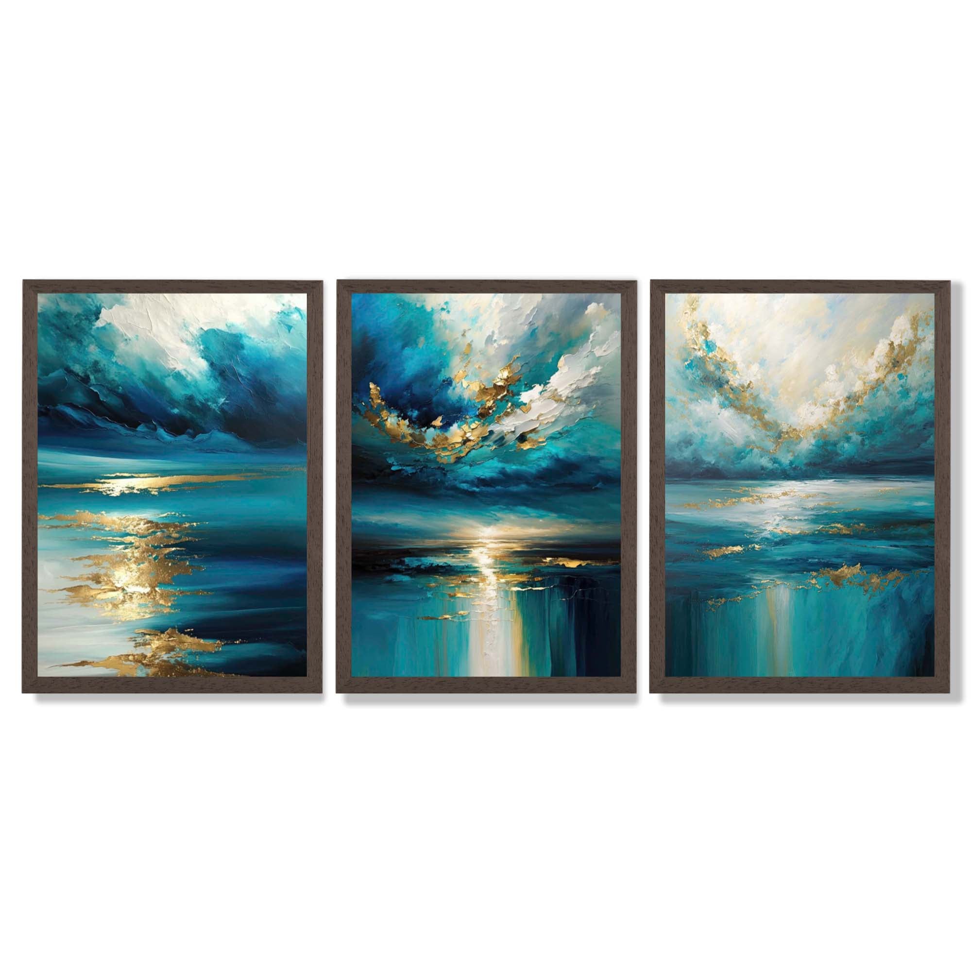 Abstract Seascapes in Blue and Gold Framed Art Prints with Dark Wood Frames