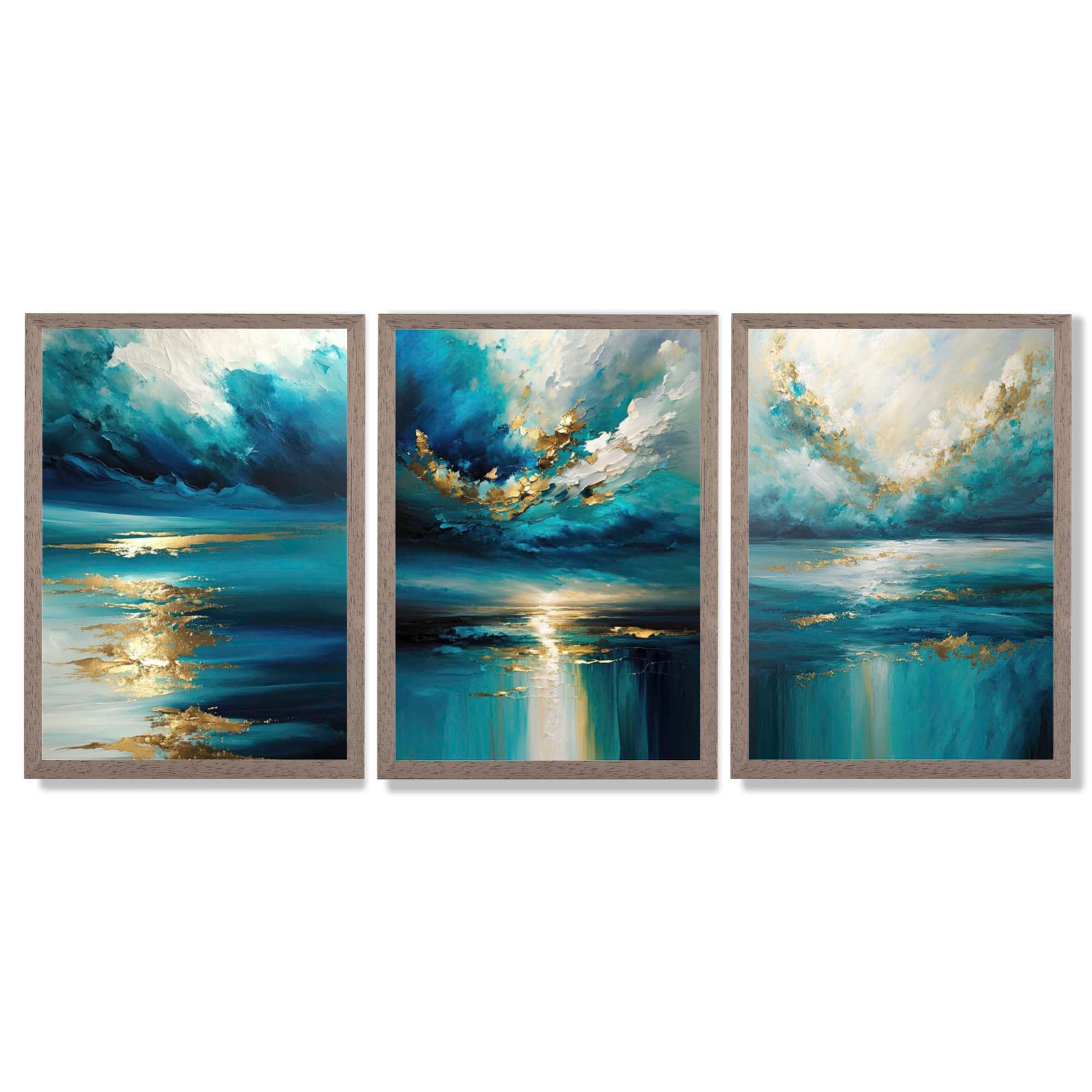 Abstract Seascapes in Blue and Gold Framed Art Prints with Light Walnut Frames