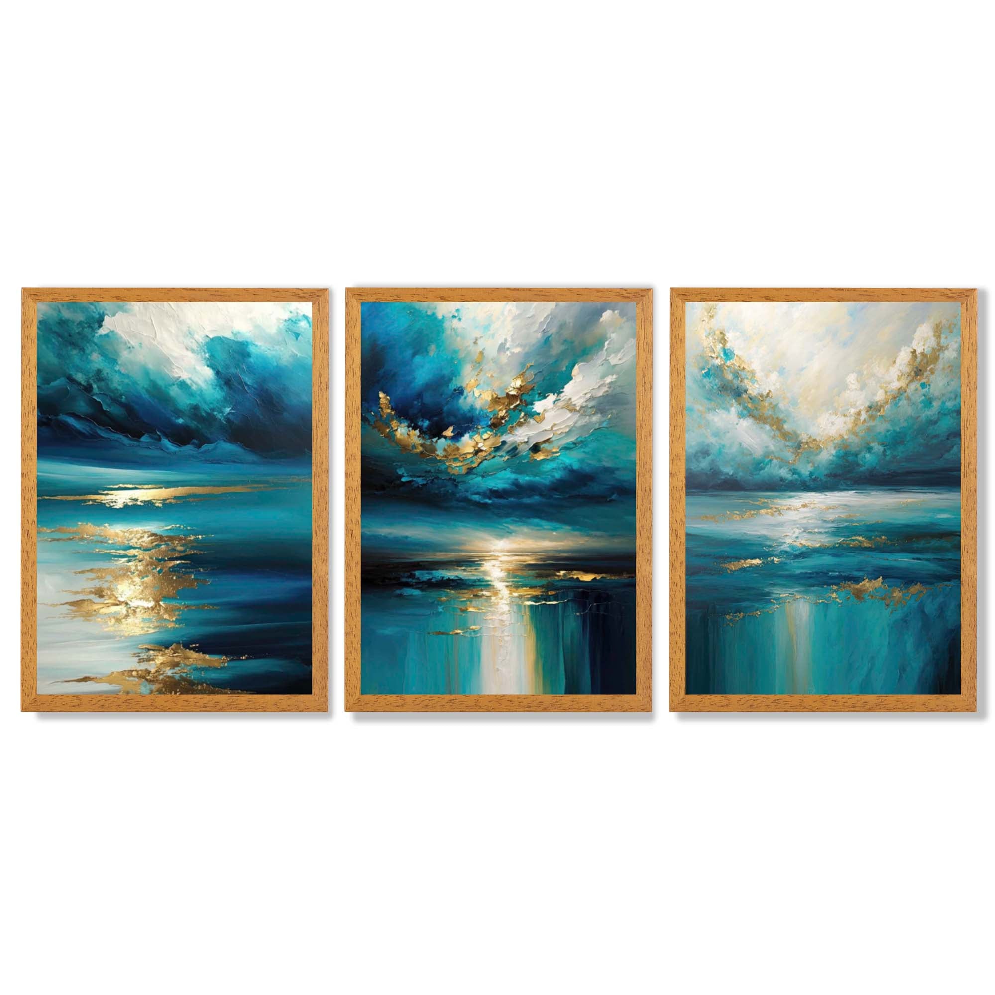 Abstract Seascapes in Blue and Gold Framed Art Prints with Oak Wooden Frames