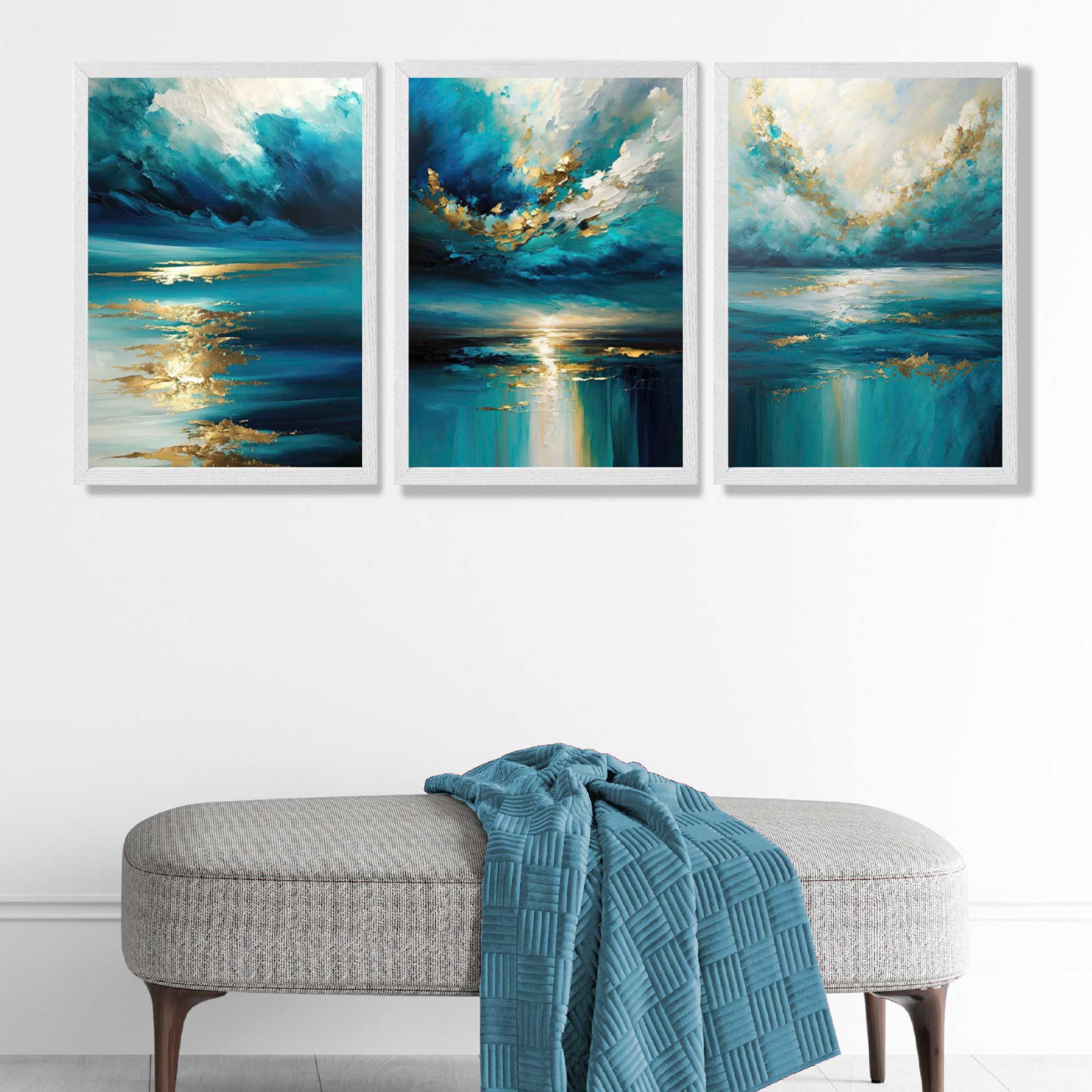 Abstract Seascapes in Blue and Gold Art Prints in White Frames | Artze UK