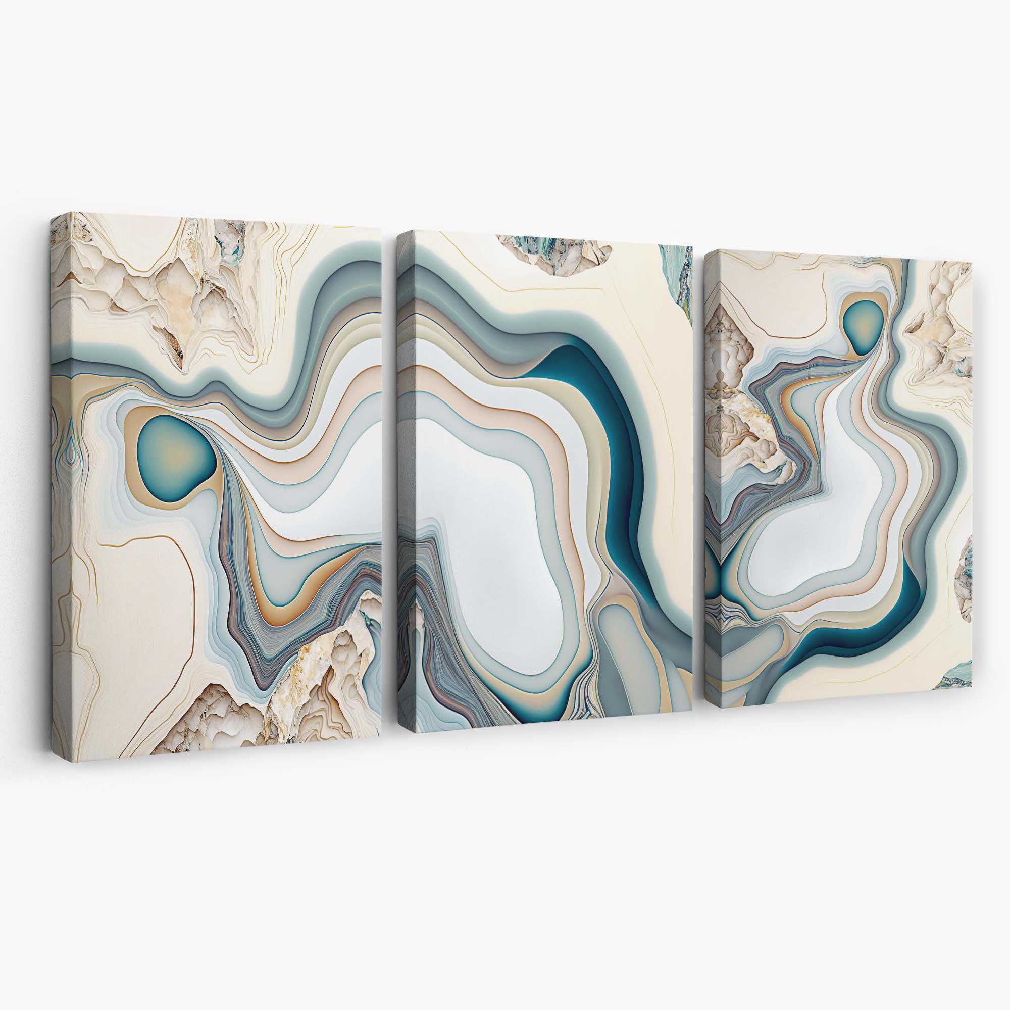 Beige and Blue Agate Abstract Set of 3 Canvas Art Prints | Artze Wall Art
