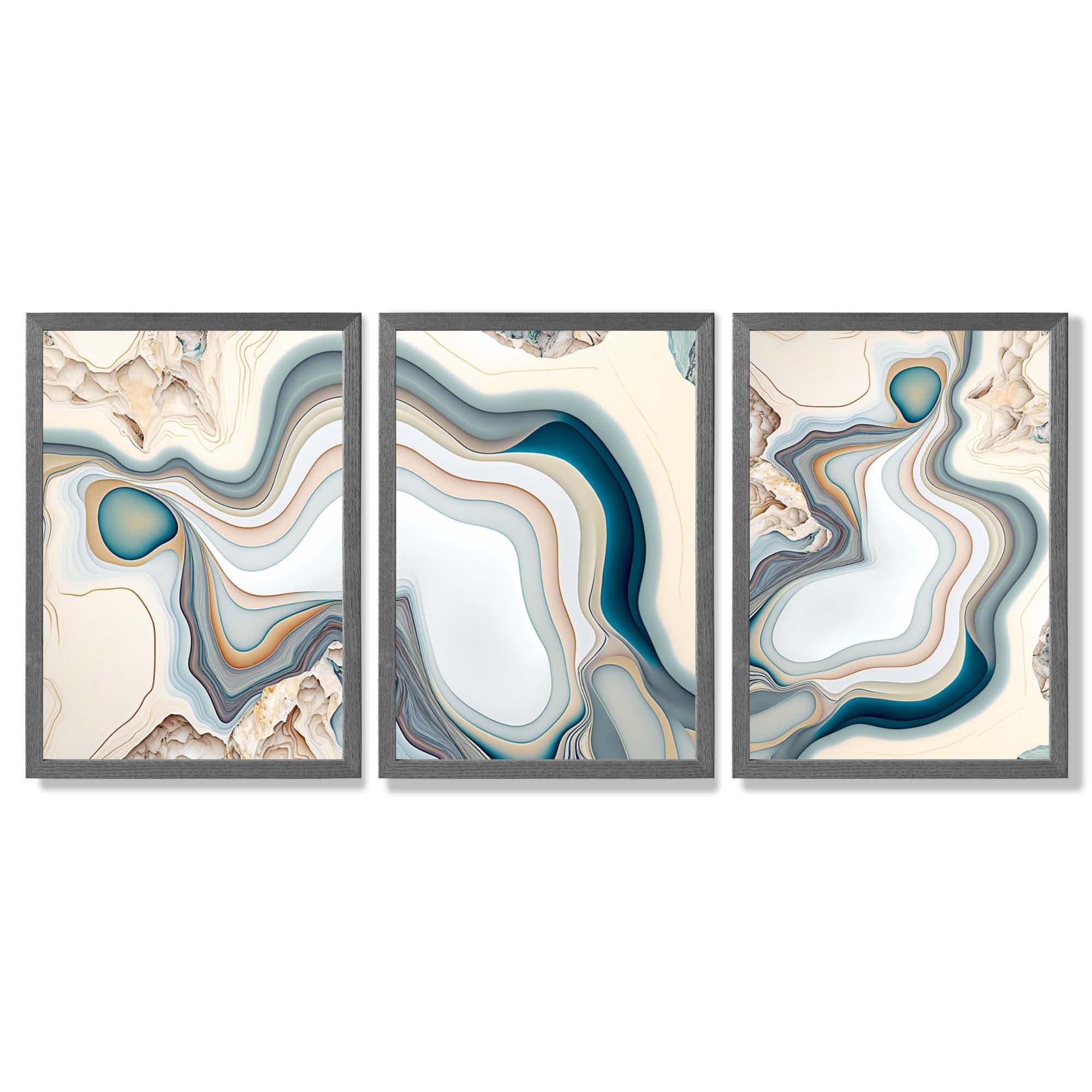 Beige and Blue Agate Abstract Set of 3 Framed Art Prints with Dark Grey Wooden Frames