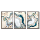 Beige and Blue Agate Abstract Set of 3 Framed Art Prints with Dark Wood Frames