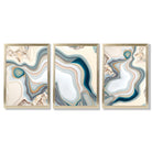 Beige and Blue Agate Abstract Set of 3 Framed Art Prints with Gold Wood Frames