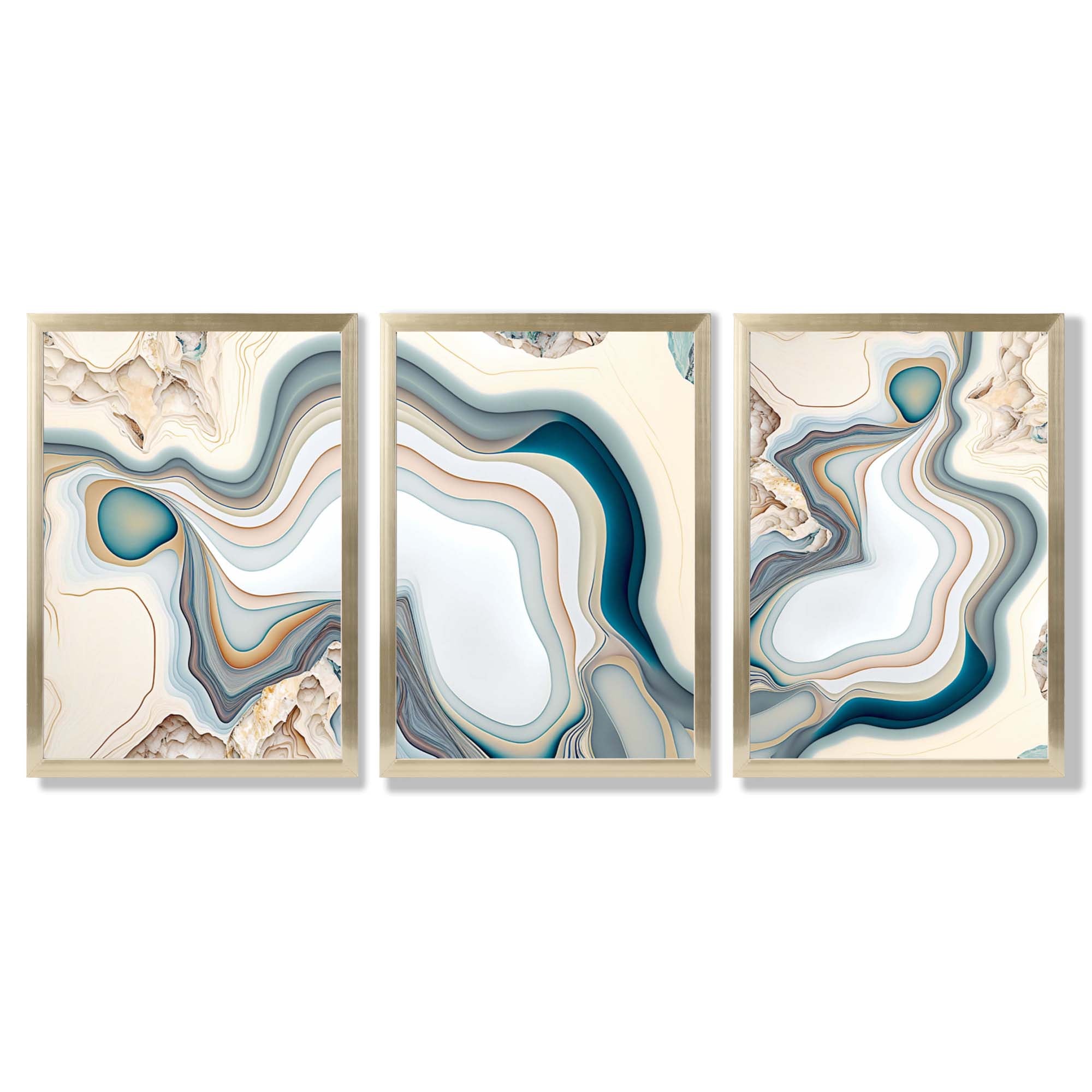 Beige and Blue Agate Abstract Set of 3 Framed Art Prints with Gold Wood Frames
