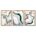 Beige and Blue Agate Abstract Set of 3 Framed Art Prints with Light Oak Frames