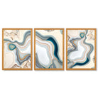 Beige and Blue Agate Abstract Set of 3 Framed Art Prints with Oak Wooden Frames