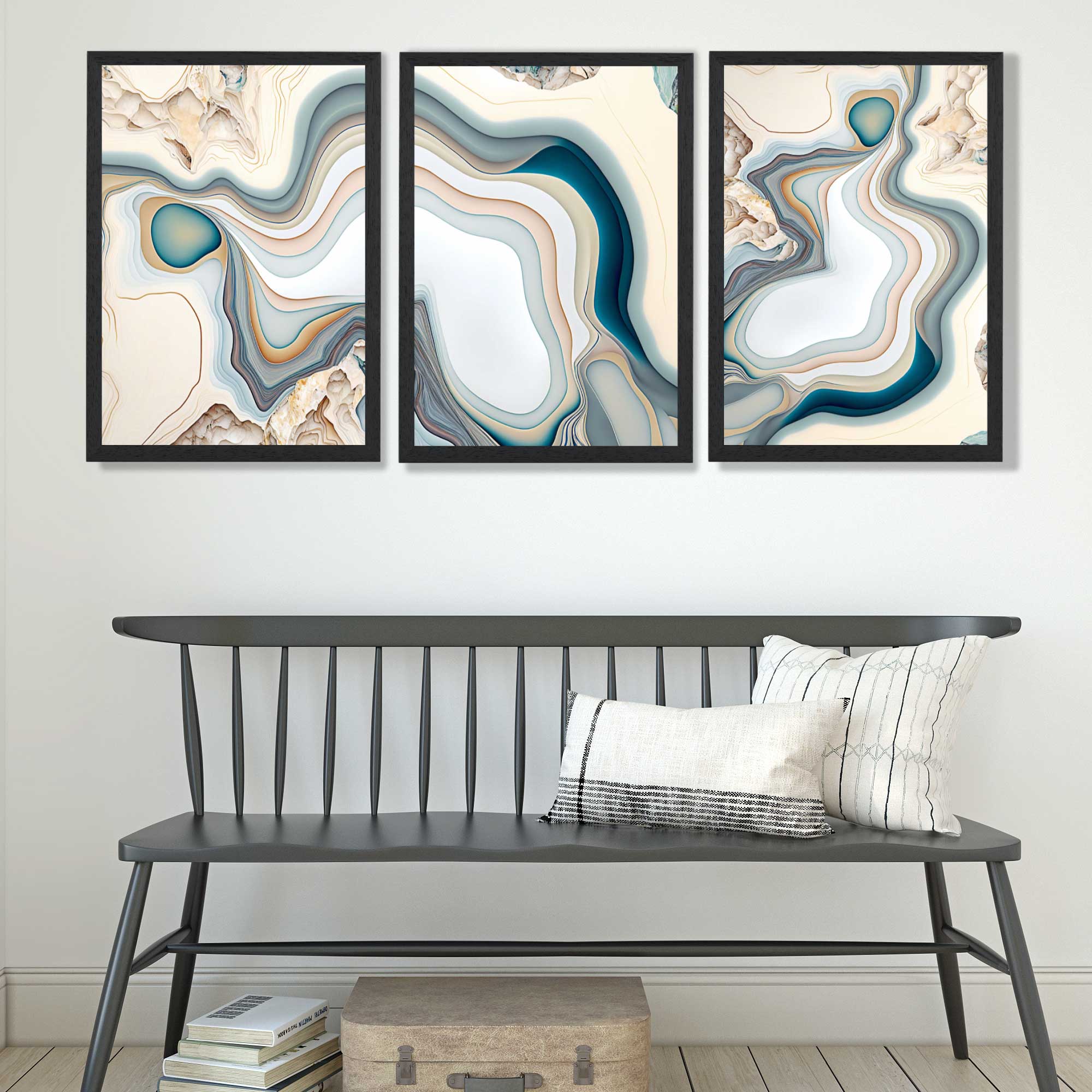 Beige and Blue Agate Abstract Set of 3 Art Prints in Black Frames | Artze UK
