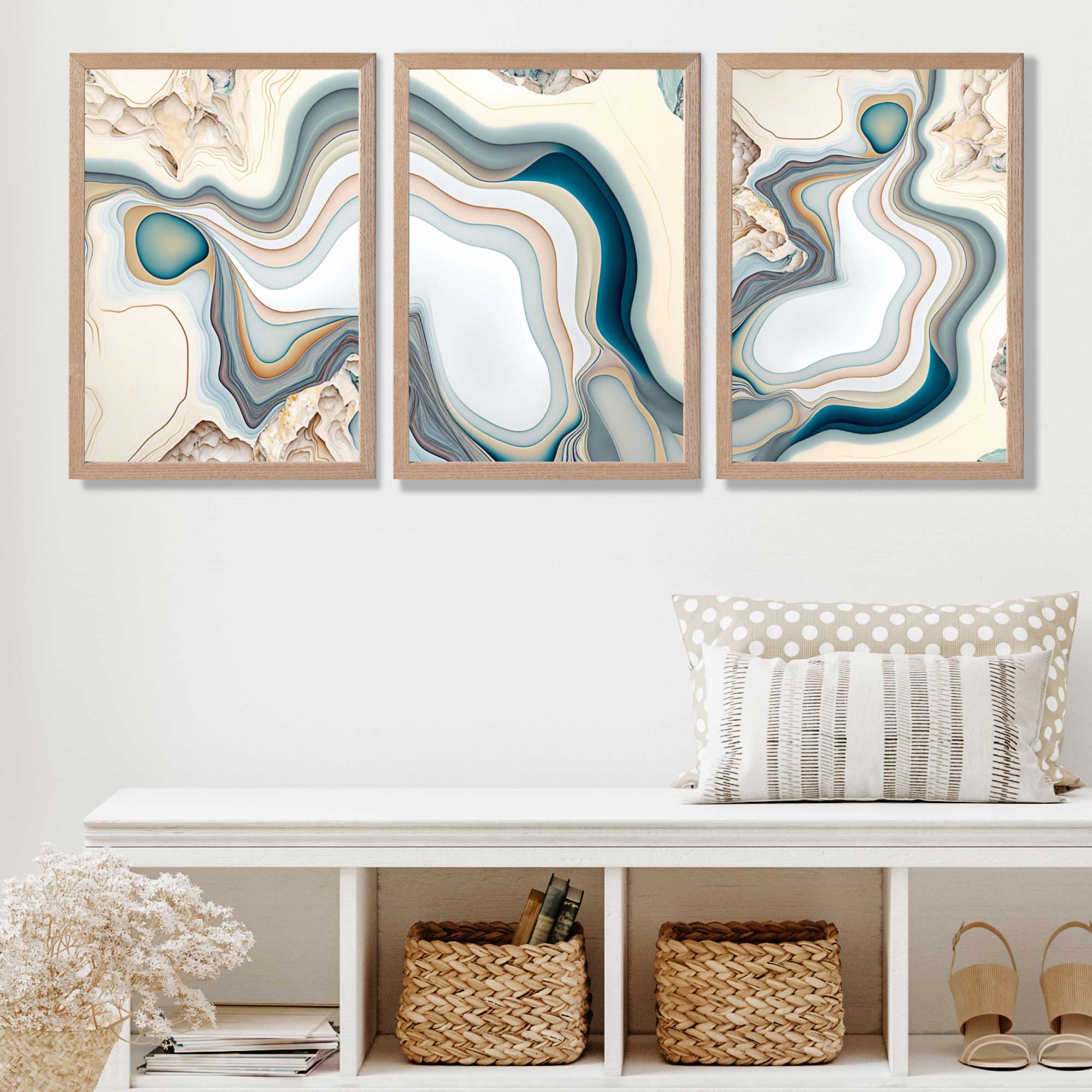 Beige and Blue Agate Abstract Set of 3 Art Prints in Oak Frames | Artze UK
