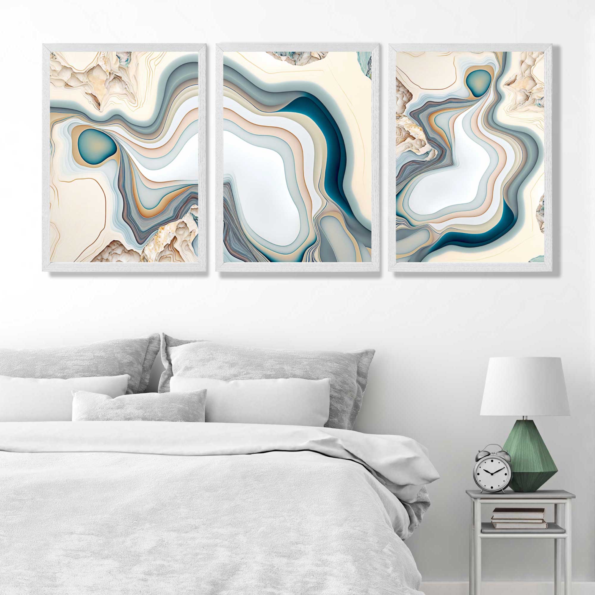 Beige and Blue Agate Abstract Set of 3 Art Prints in White Frames | Artze UK