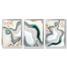 Beige and Blue Agate Abstract Set of 3 Framed Art Prints with Silver Wood Frames