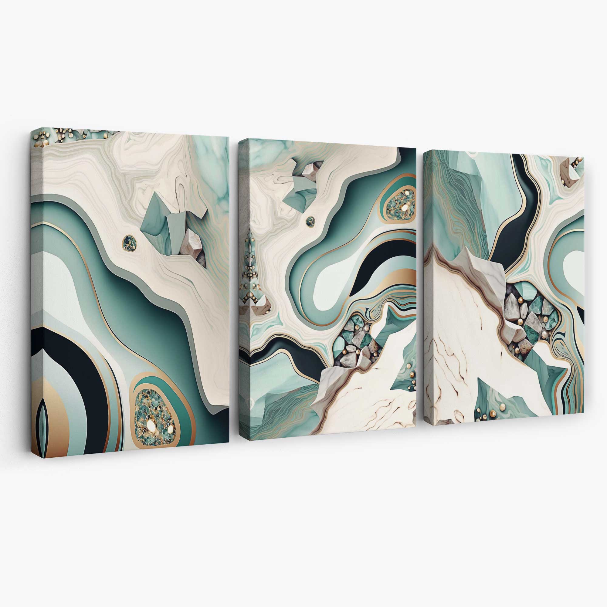 Beige and Green Agate Abstract Set of 3 Canvas Art Prints | Artze Wall Art
