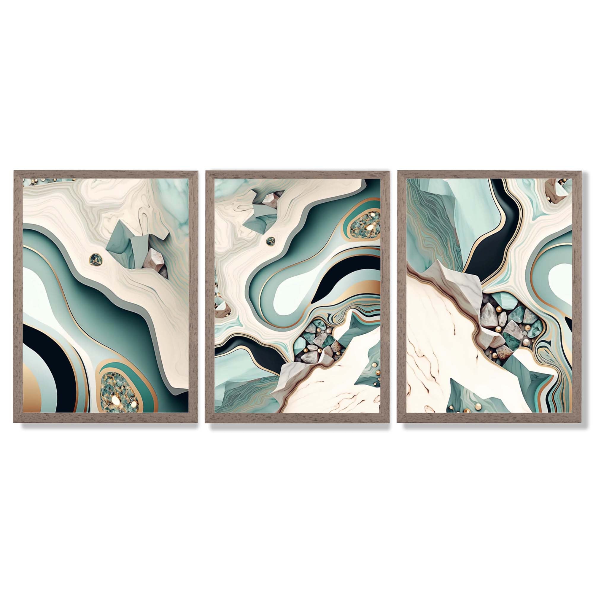 Beige and Green Agate Abstract Set of 3 Framed Art Prints with Light Walnut Frames