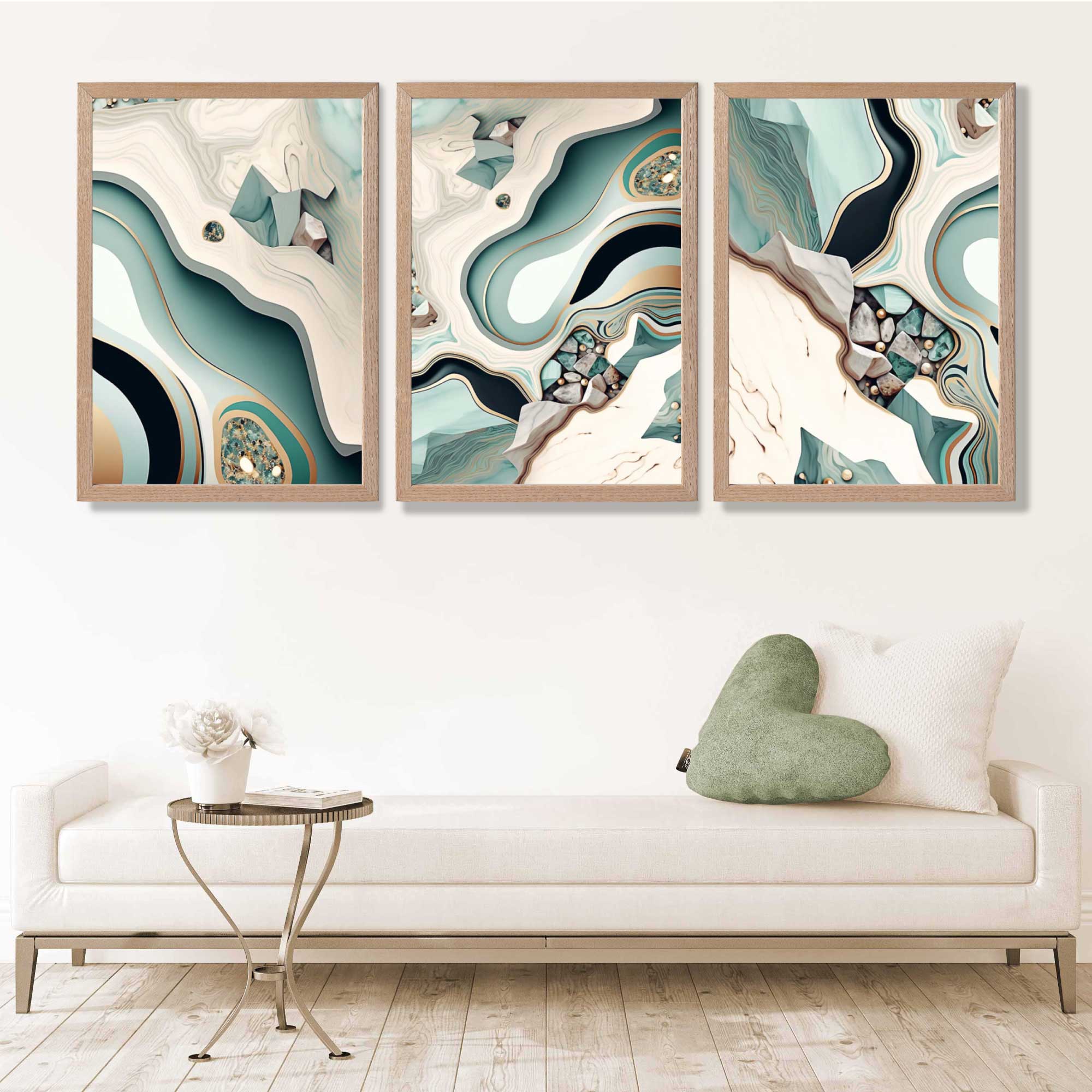 Beige and Green Agate Abstract Set of 3 Art Prints in Oak Frames | Artze UK