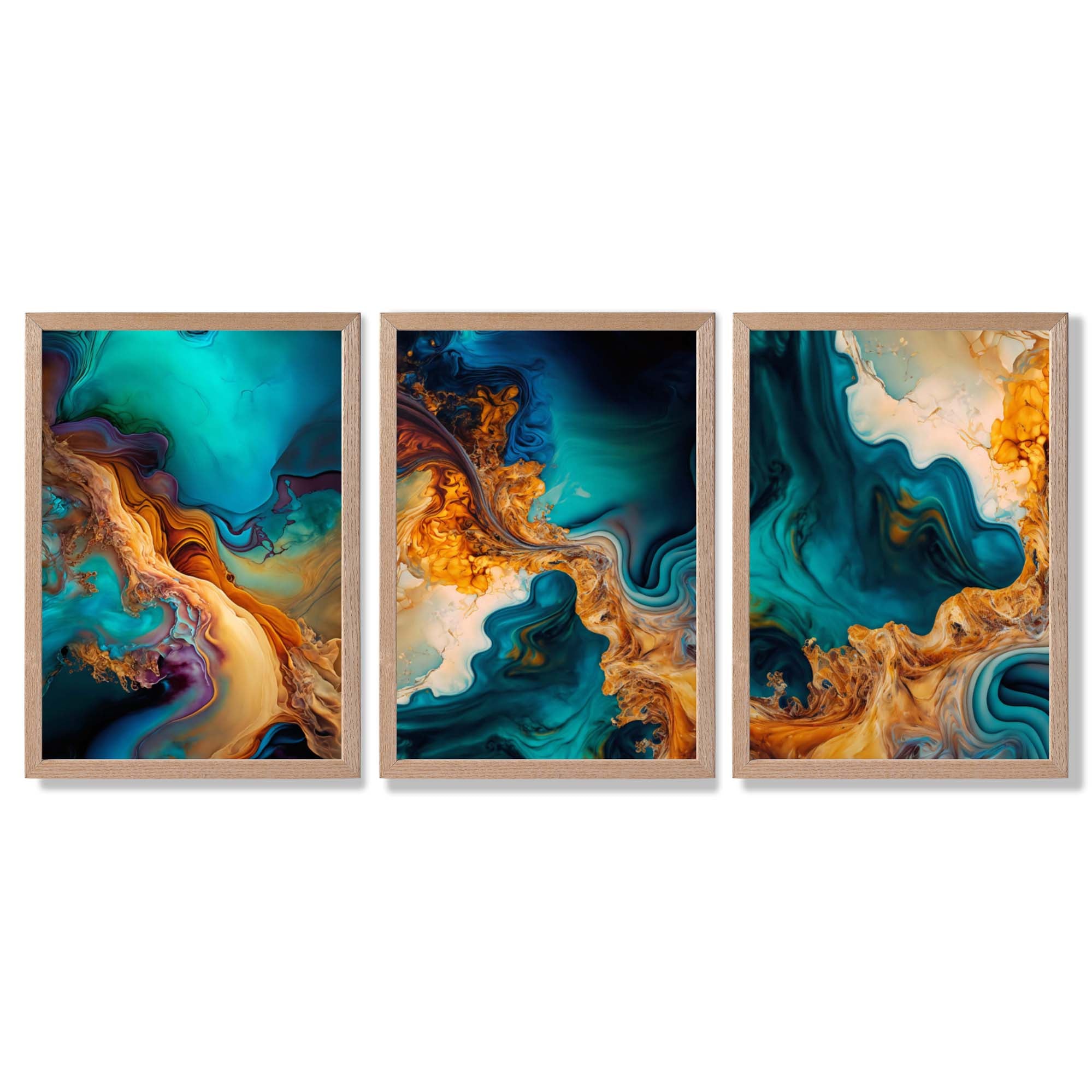 Orange and Blue Abstract Fluid Art Framed Art Prints with Light Oak Frames
