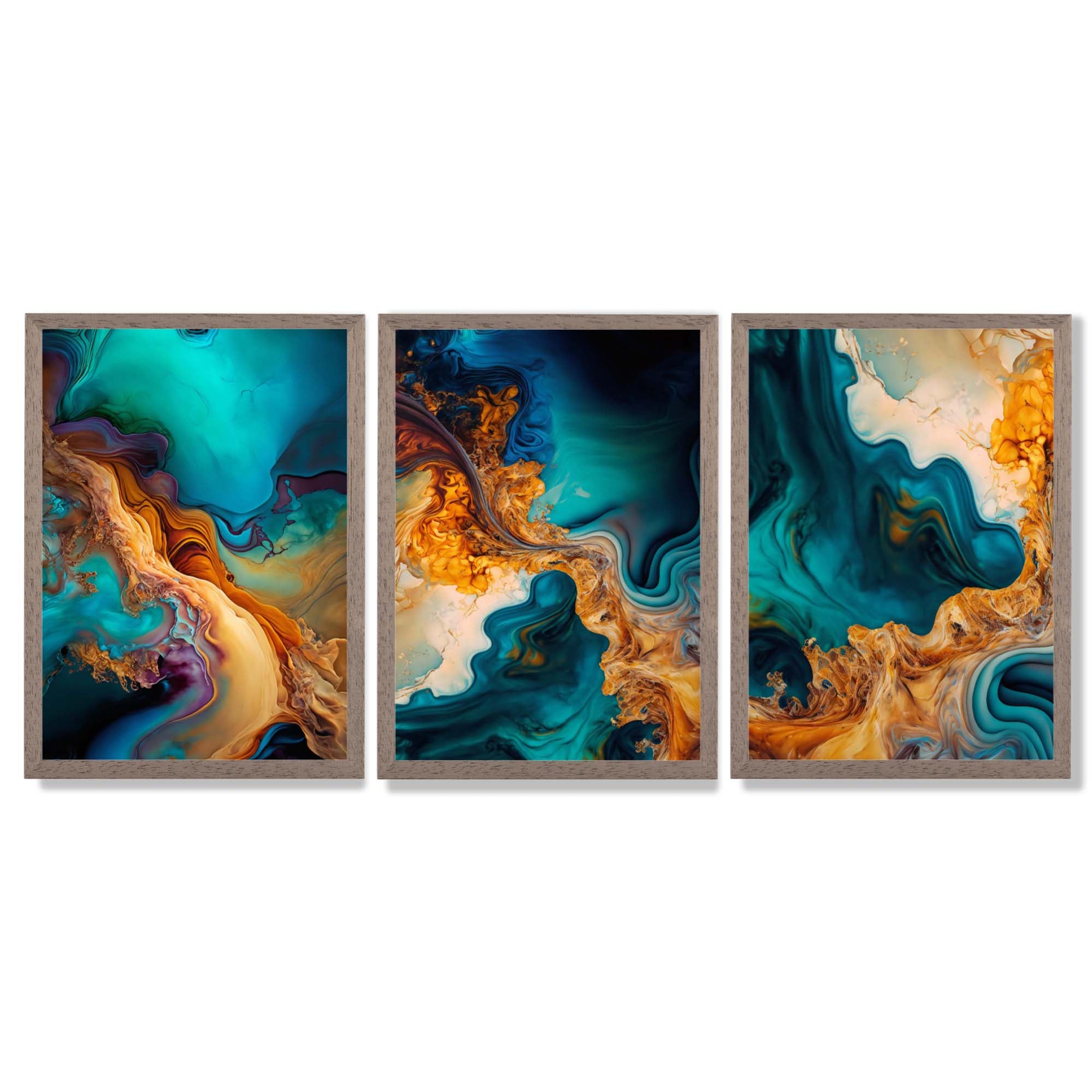 Orange and Blue Abstract Fluid Art Framed Art Prints with Light Walnut Frames