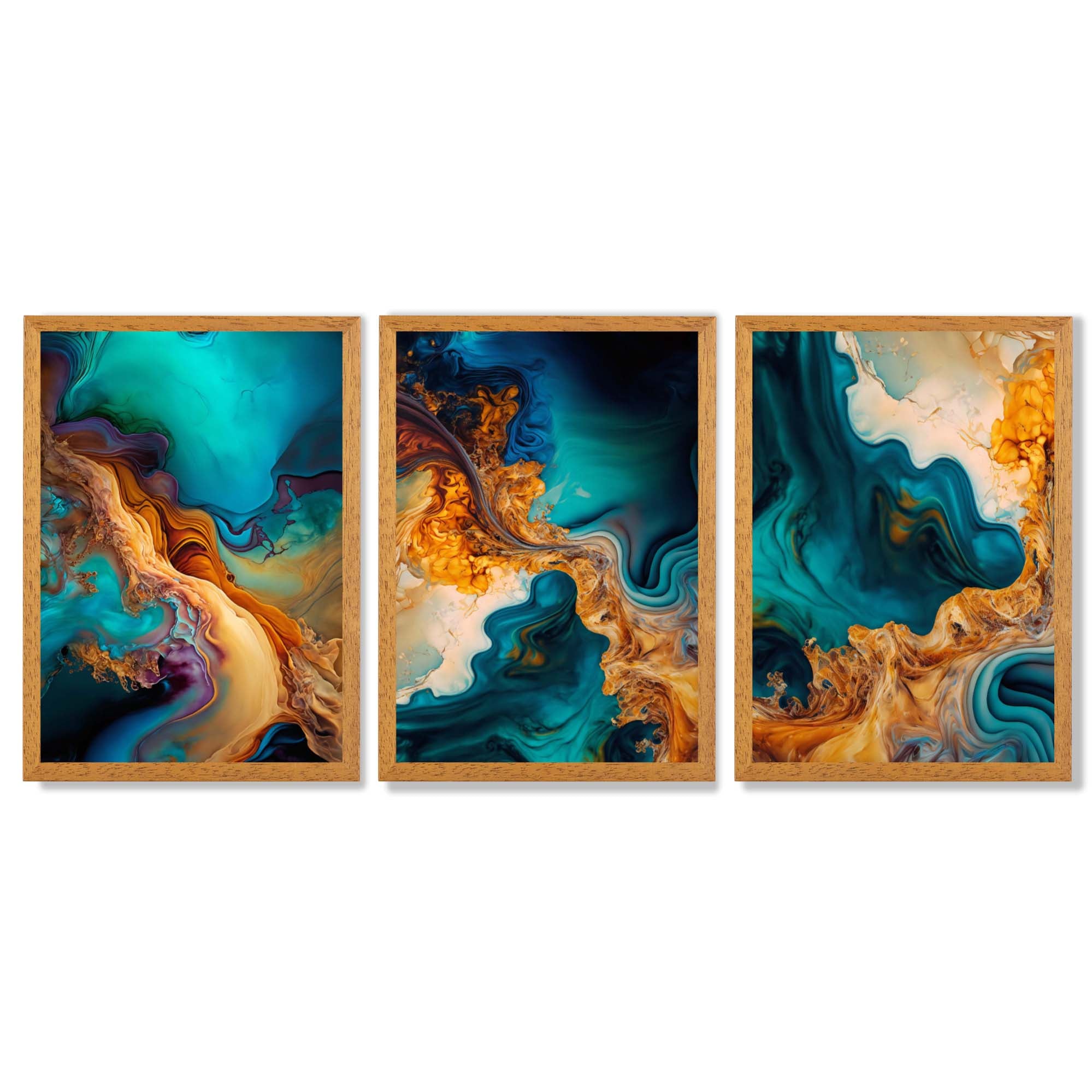 Orange and Blue Abstract Fluid Art Framed Art Prints with Oak Wooden Frames