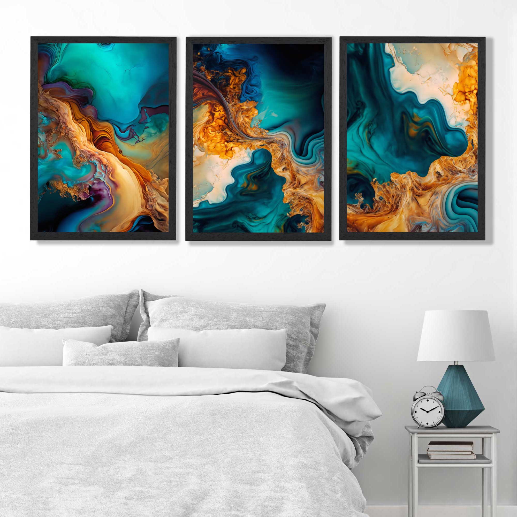 Orange and Blue Abstract Fluid Art Art Prints in Black Frames | Artze UK