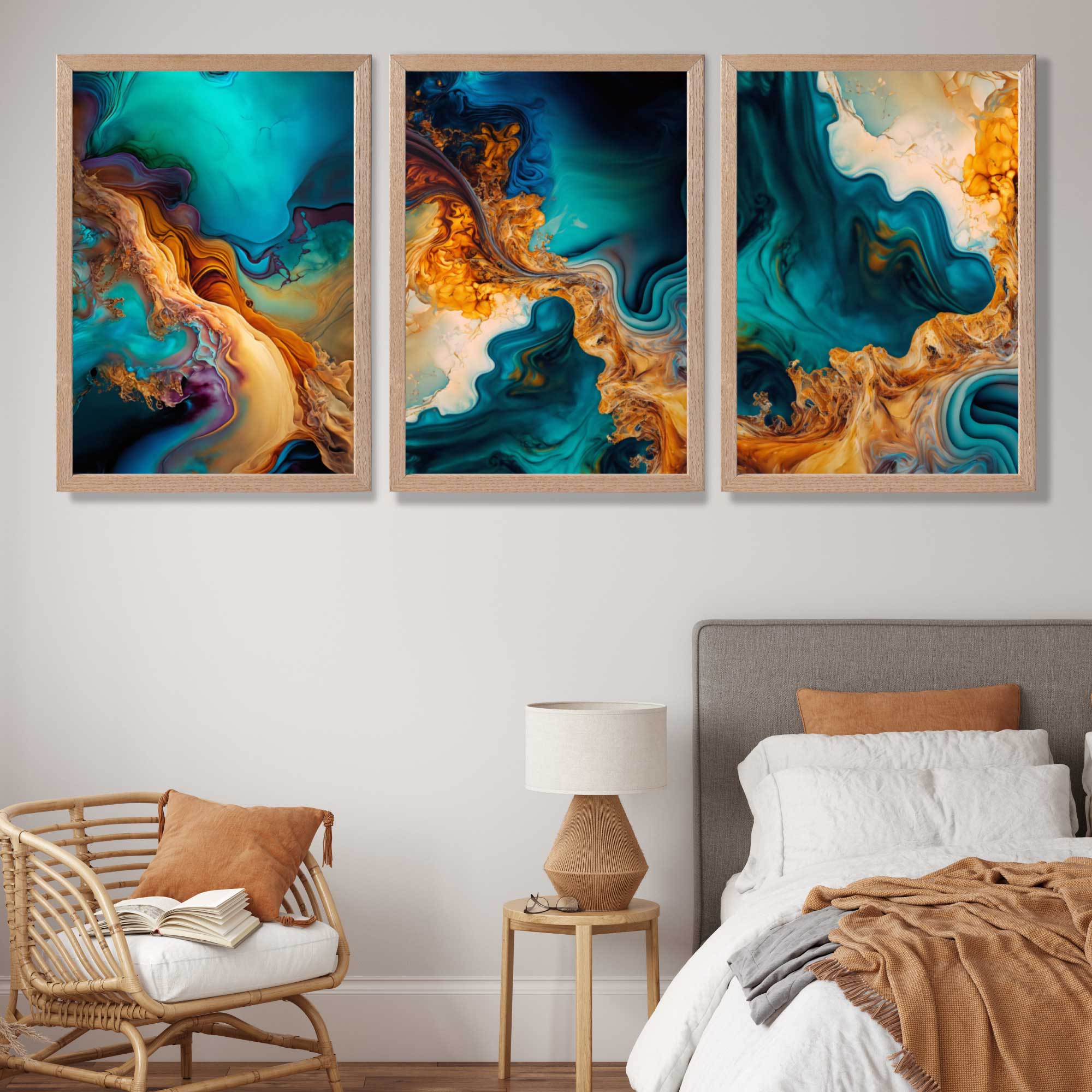 Orange and Blue Abstract Fluid Art Art Prints in Oak Frames | Artze UK
