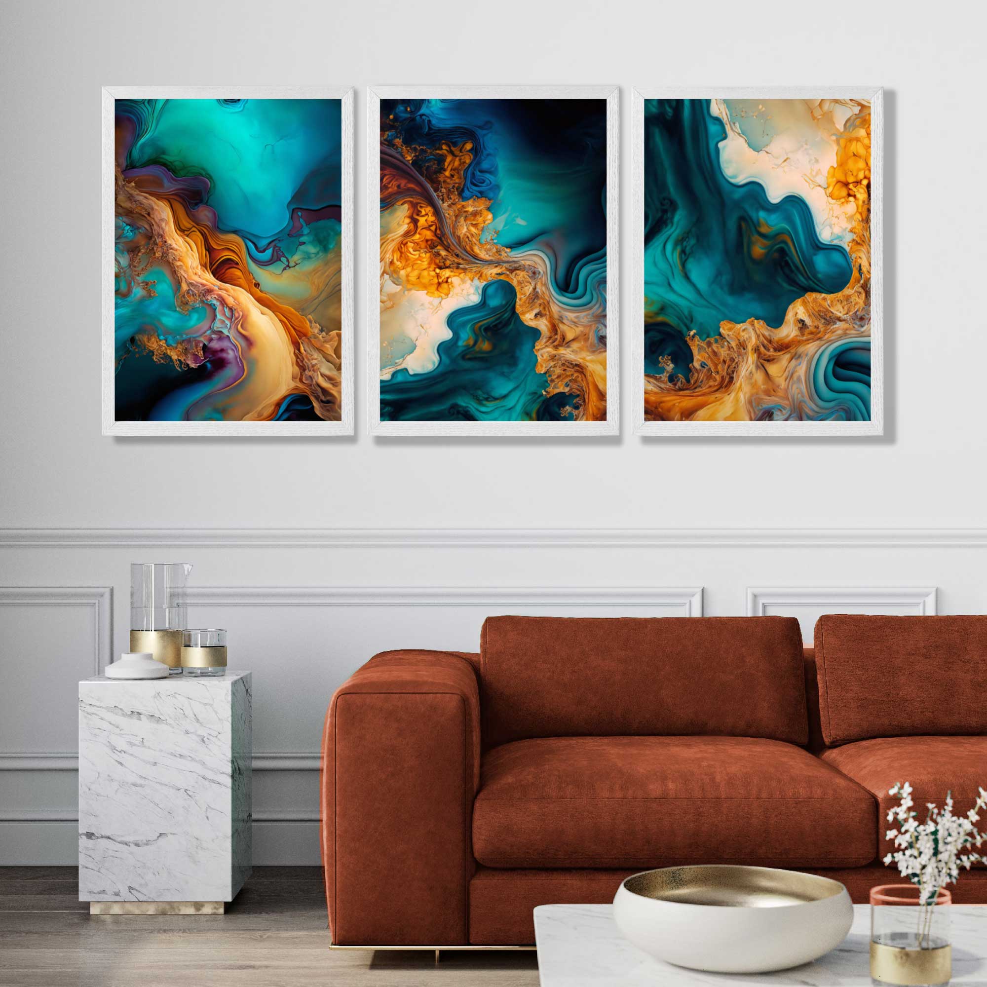 Orange and Blue Abstract Fluid Art Art Prints in White Frames | Artze UK