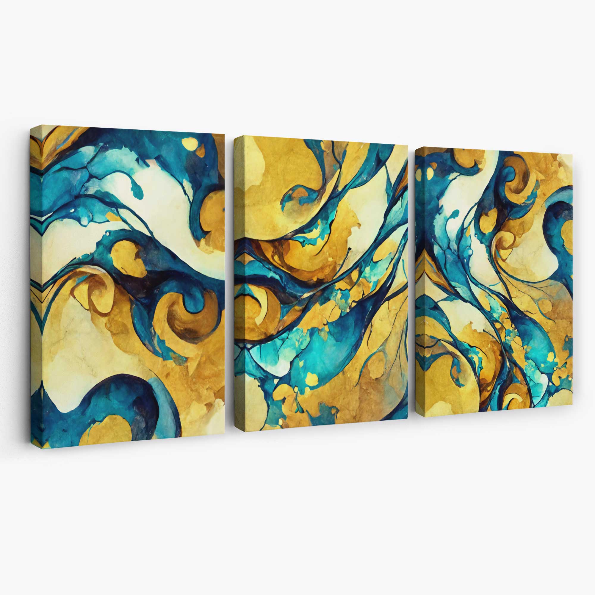 Abstract Yellow and Blue Fluid Shapes Set of 3 Canvas Art Prints | Artze Wall Art